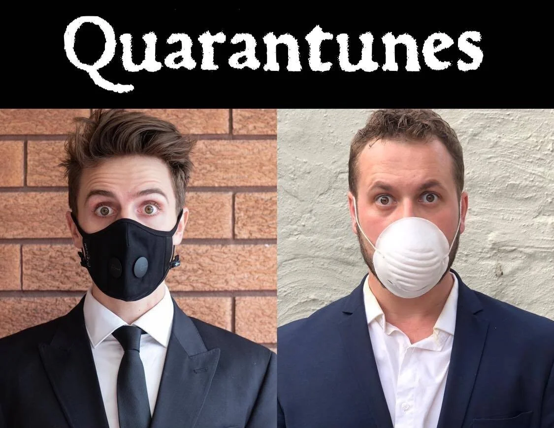 Side-by-side photos of two men in suits wearing face masks, with the word 'Quarantunes' above in white text on a black background.