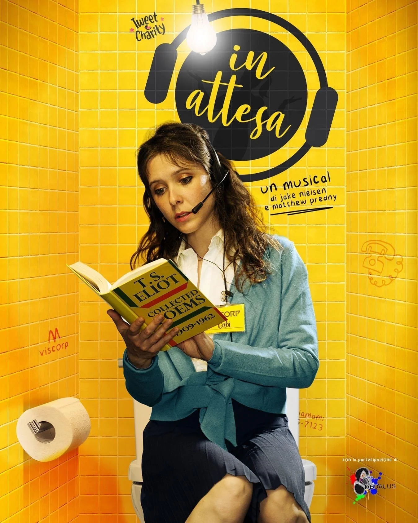 A woman sitting on a toilet in a yellow tiled bathroom, reading a book titled 'Collected Poems' by T.S. Eliot. She has a headset on and is wearing a light blue jacket and dark pants, with her skirt pulled up. There are advertisements and signs on the yellow-tiled walls, including a large sign that reads 'in attesa,' and images of toilet paper and toilet paper rolls.
