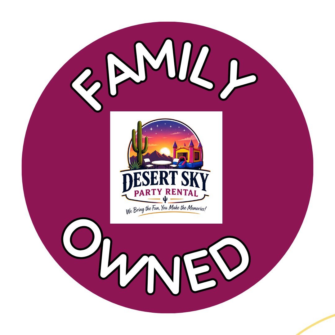 A circular badge with a purple background and the words 'FAMILY OWNED' in bold black and white letters around the edge. The center features the logo of Desert Sky Party Rental, depicting a desert scene with a cactus, mountains, a sunset, and a building, along with the company name and slogan.