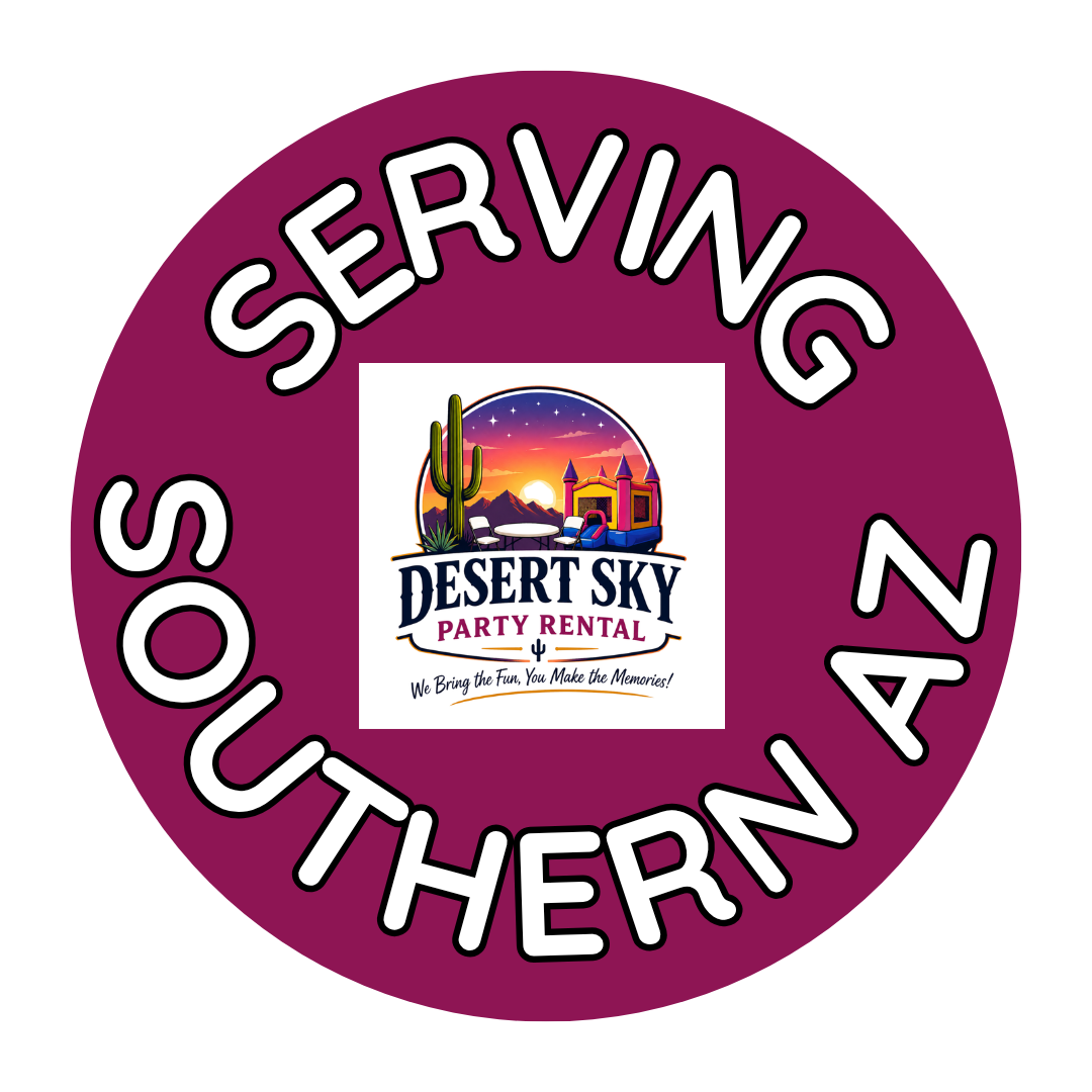 Round magenta logo with black and white text reading 'Serving Southern' around a central graphic featuring cactus, mountains, and a sunset, with a smaller logo for 'Desert Sky Party Rental' and the tagline 'We Bring the Fun, You Make the Memories!'