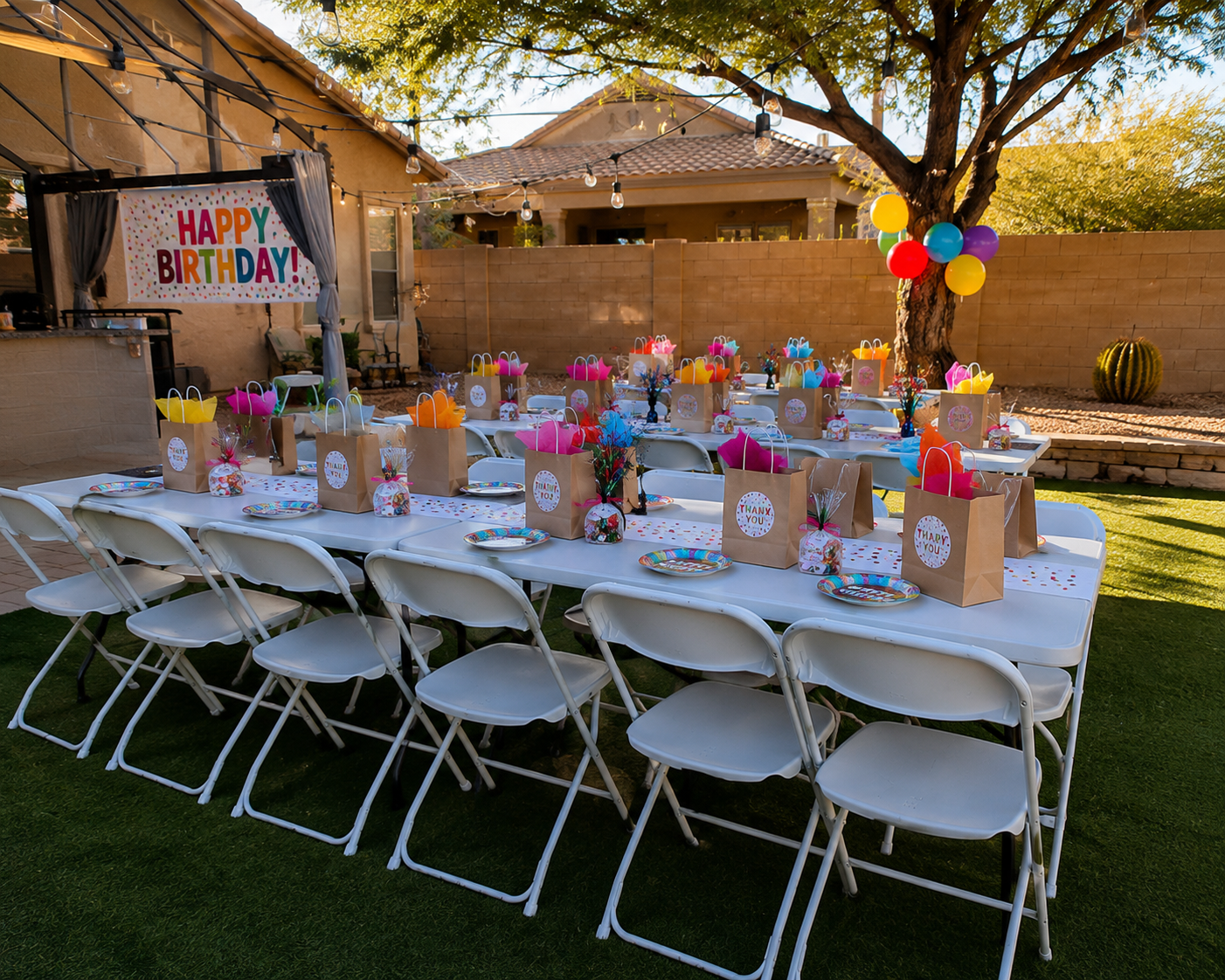 Outdoor birthday party setup with long white tables and chairs, colorful gift bags, themed plates and napkins, and a 'Happy Birthday' banner. Balloons are tied to a tree, and the setting is in a backyard with a brick wall and a house in the background.