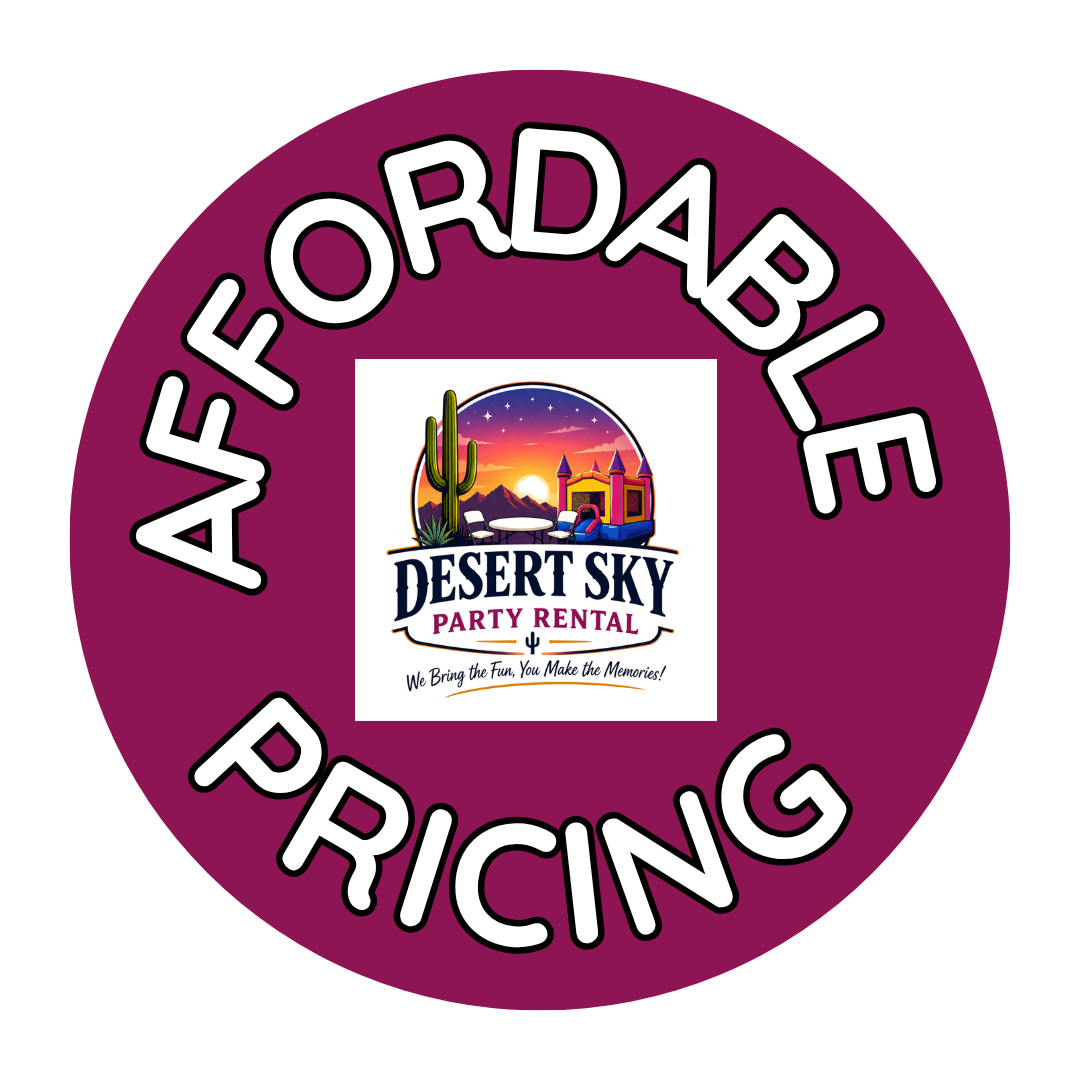 Logo for Desert Sky Party Rental with a desert sunset, cactus, mountains, and a colorful inflatable bounce house, surrounded by a purple circle with the text "Affordable Pricing"