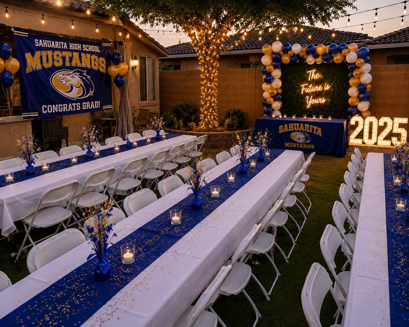 Decorated outdoor graduation celebration setup with long tables, white chairs, blue and gold accents, balloon arrangements, a neon sign reading "The Future is Yours," and a backdrop with the school name and year 2025.