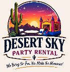 Desert sky with cacti, mountains, and cityscape at sunset, promoting Desert Sky Party Rental with tagline 'We Bring the Fun to the Desert!'