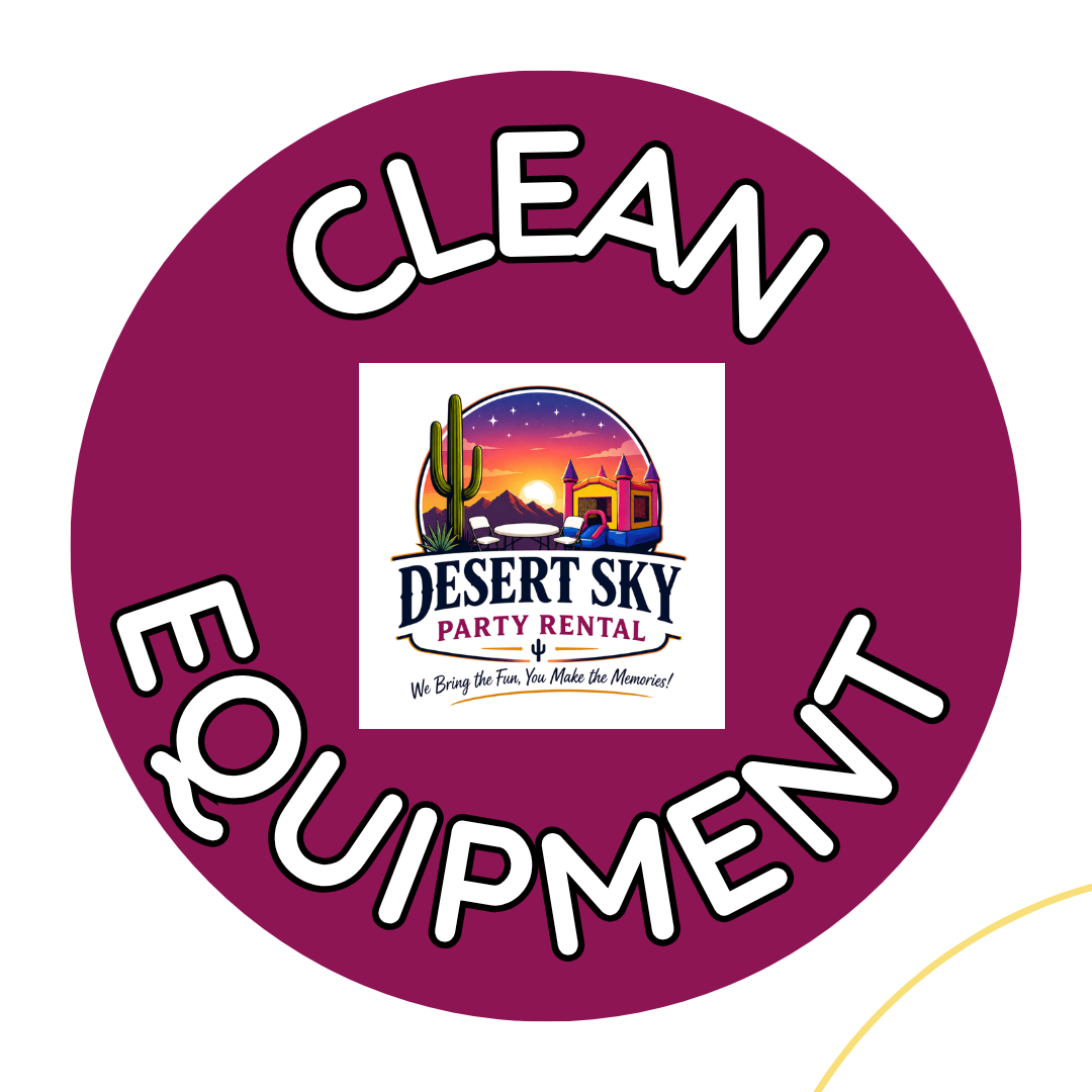 A maroon circular sticker with black and white text that says "CLEAN UPFRONT" surrounding a central logo for Desert Sky Party Rental, which features a desert sunset with a cactus and a colorful building, along with the slogan "We Bring the Fun, You Make the Memories!"