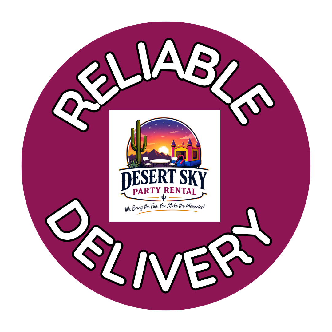 Purple circular badge with the words 'Reliable Delivery' around the edge, featuring the Desert Sky Party Rental logo in the center, which includes a desert landscape with a cactus, mountains, a sunset, and a castle, along with the tagline 'We Bring the Fun, You Make the Memories!'