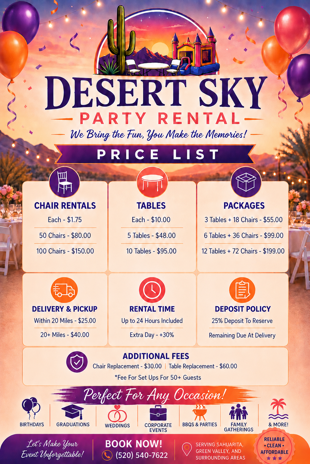 Price list for Desert Sky Party Rental featuring chair rentals, tables, packages, delivery and pickup, rental time, deposit policy, additional fees, and icons for different occasions like birthdays, weddings, corporate events, and family gatherings. The background shows a desert scene with balloons, confetti, and sunset
