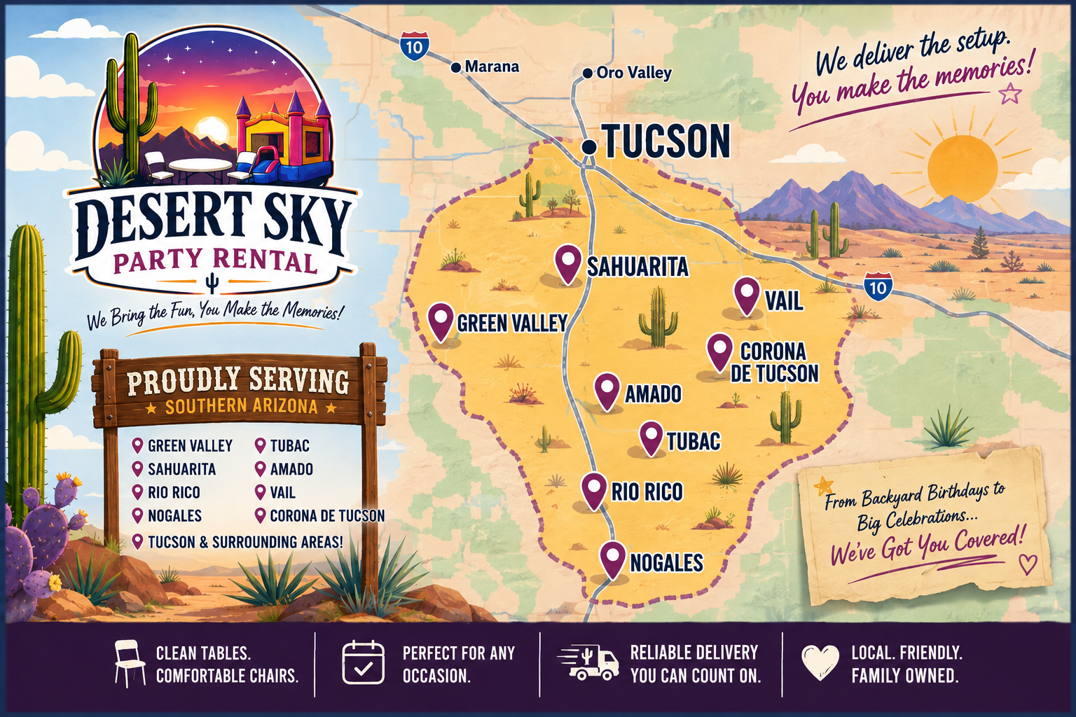 Map of southern Arizona highlighting Tucson and nearby areas with mountains and desert landscape, featuring cacti and colorful sunset background. Contains promotional info for Desert Sky Party Rental, including service locations and slogans.