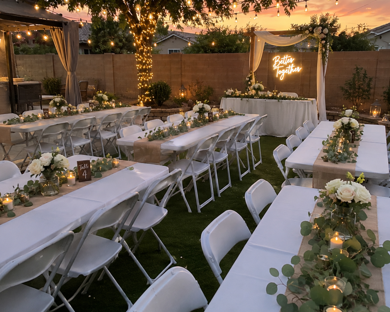 Outdoor wedding or event venue decorated with white tables and chairs, floral centerpieces, and string lights at sunset. There is a lit neon sign that reads 'Better Together' behind a decorated arch.