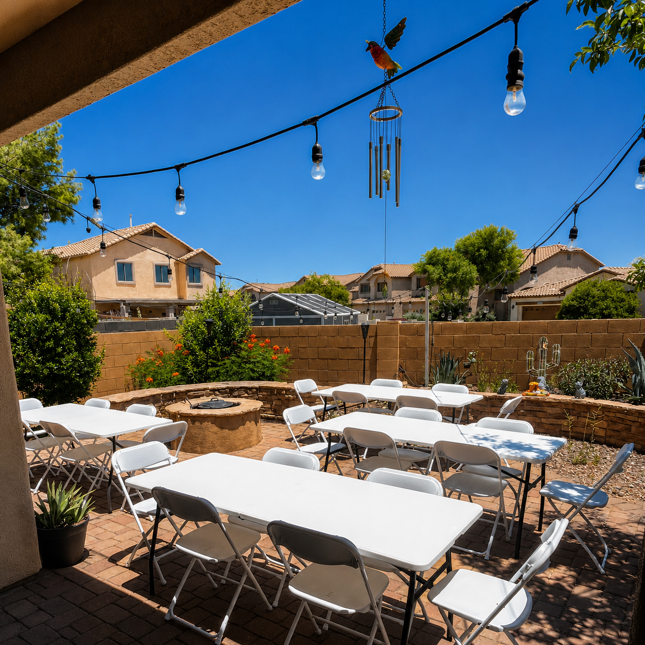 An outdoor patio with white folding tables and chairs, string lights, a brick fire pit, and plants, with houses and a clear blue sky in the background.