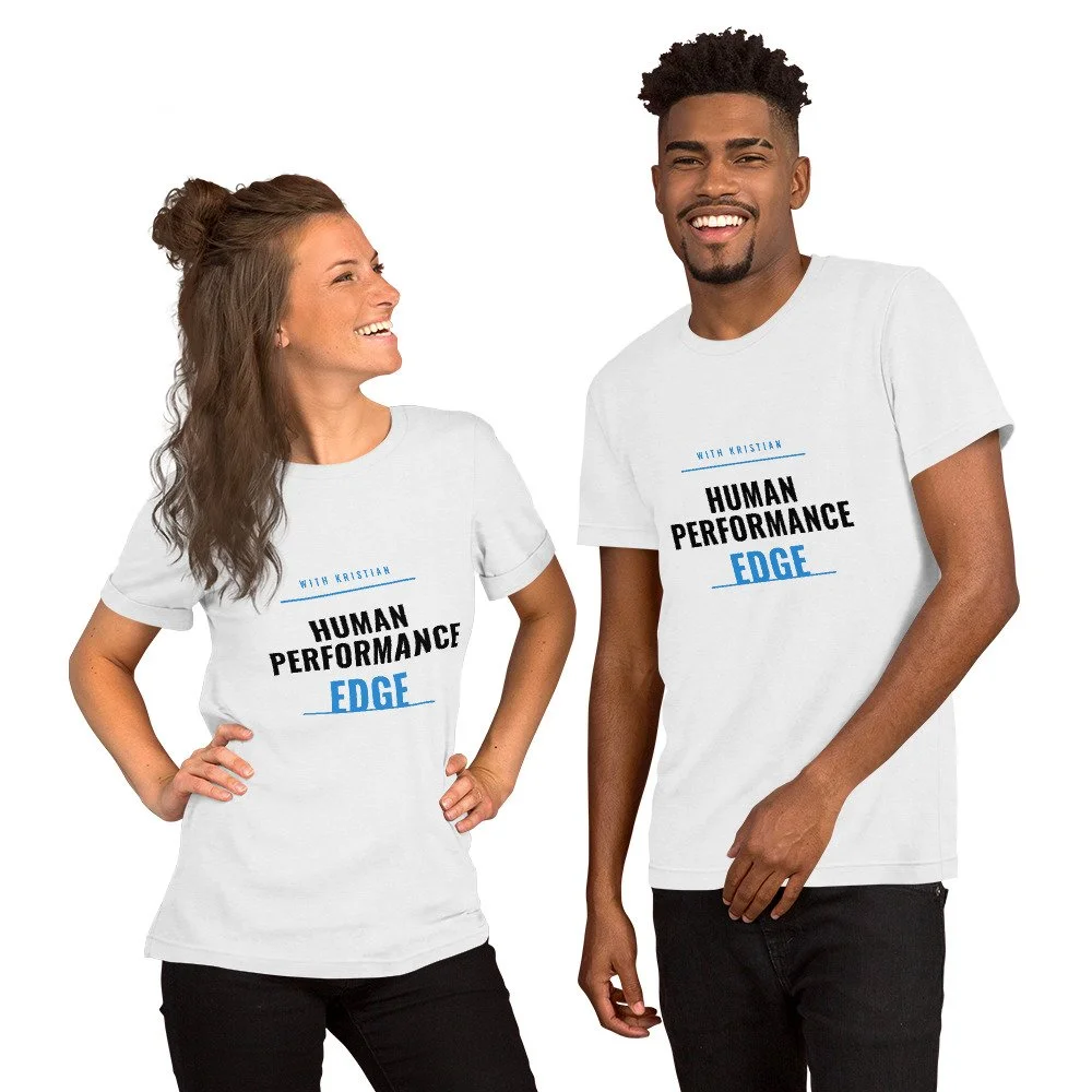 Two people wearing white Human Performance Edge performance tees
