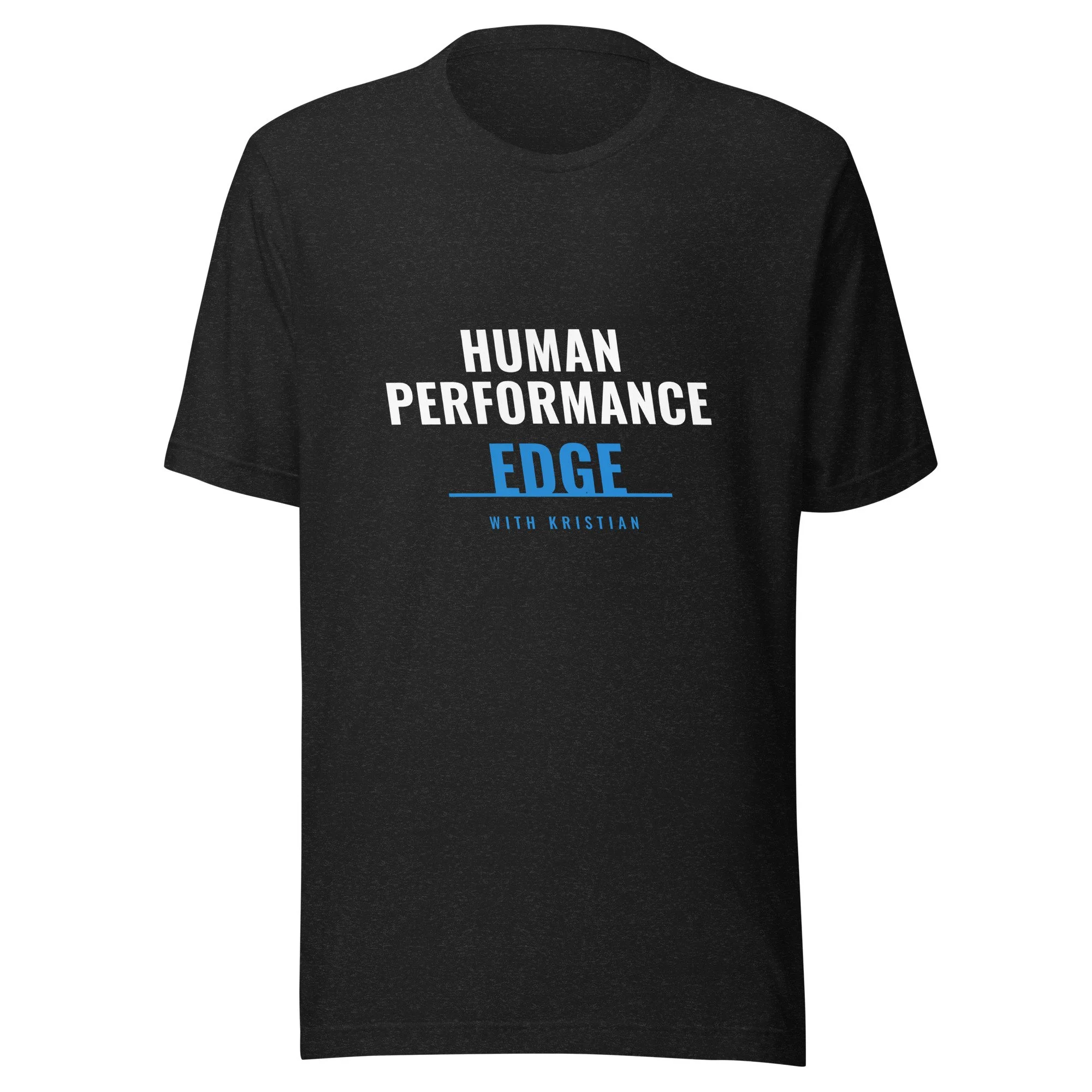 Black t-shirt with full Human Performance Edge badge print