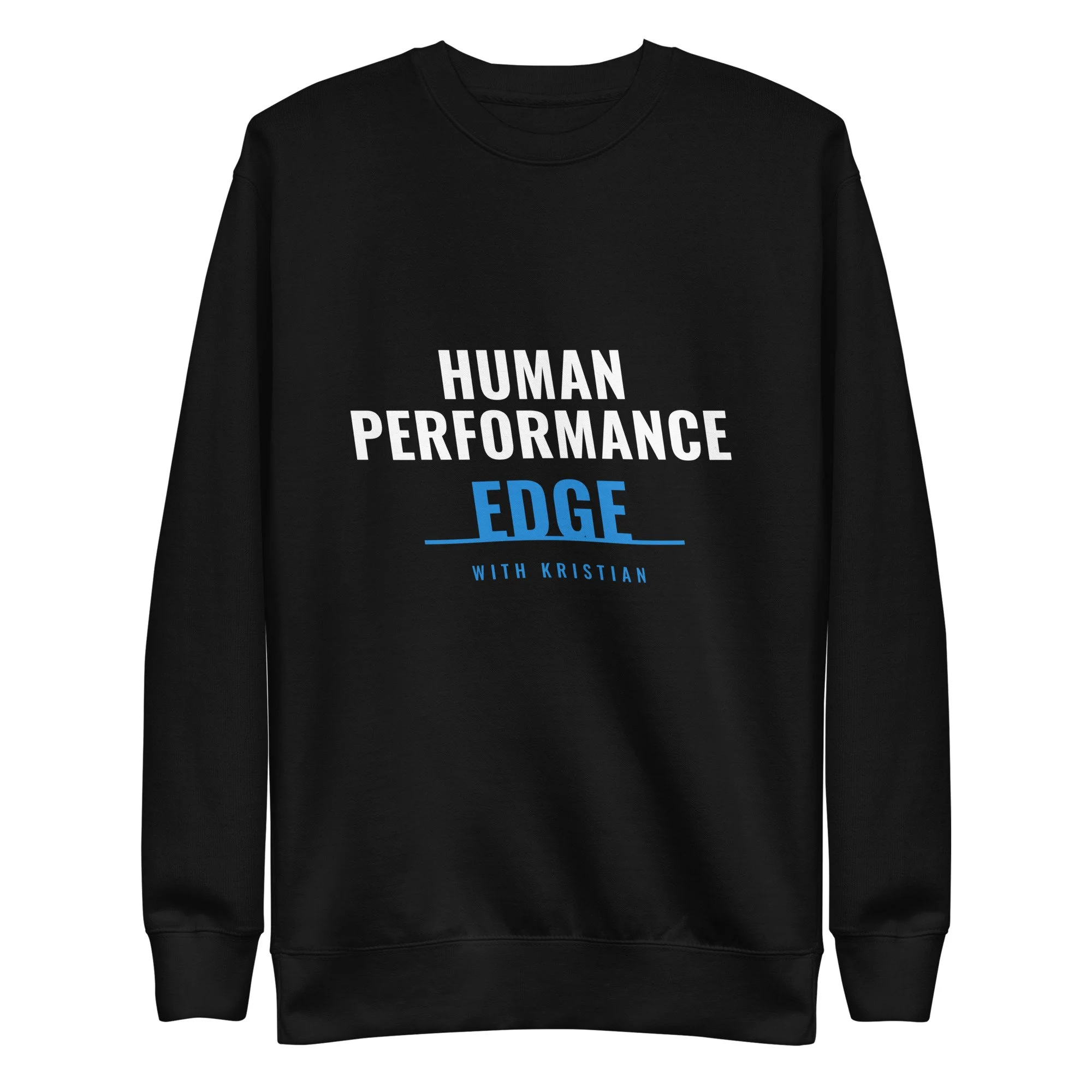Black sweatshirt with full Human Performance Edge badge print