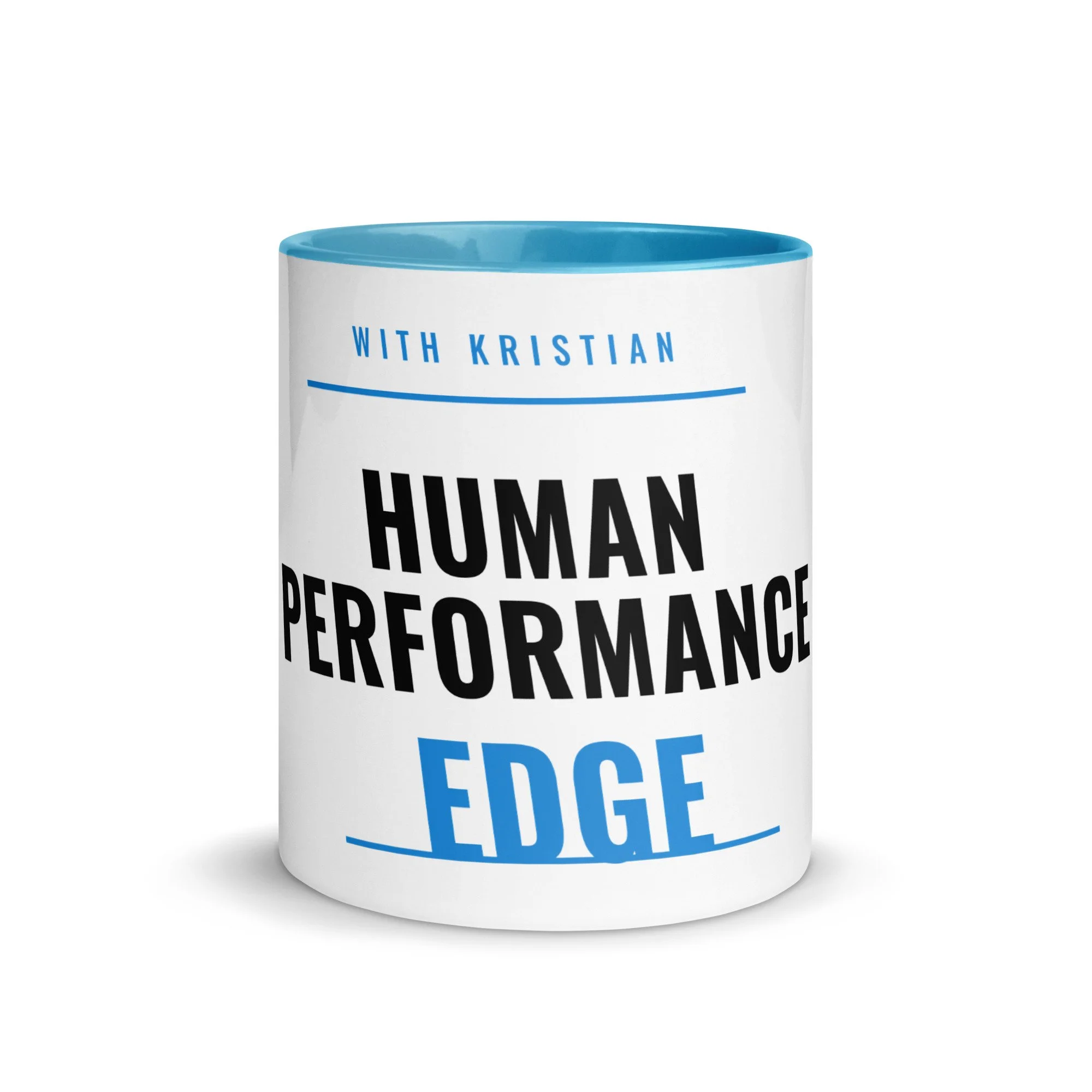 White ceramic coffee mug with blue interior and Human Performance Edge logo