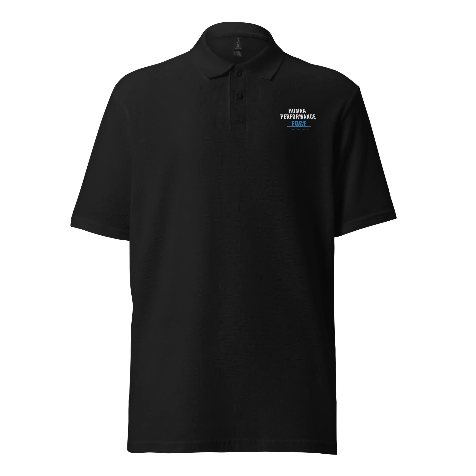 Black polo shirt with embroidered Human Performance Edge badge logo