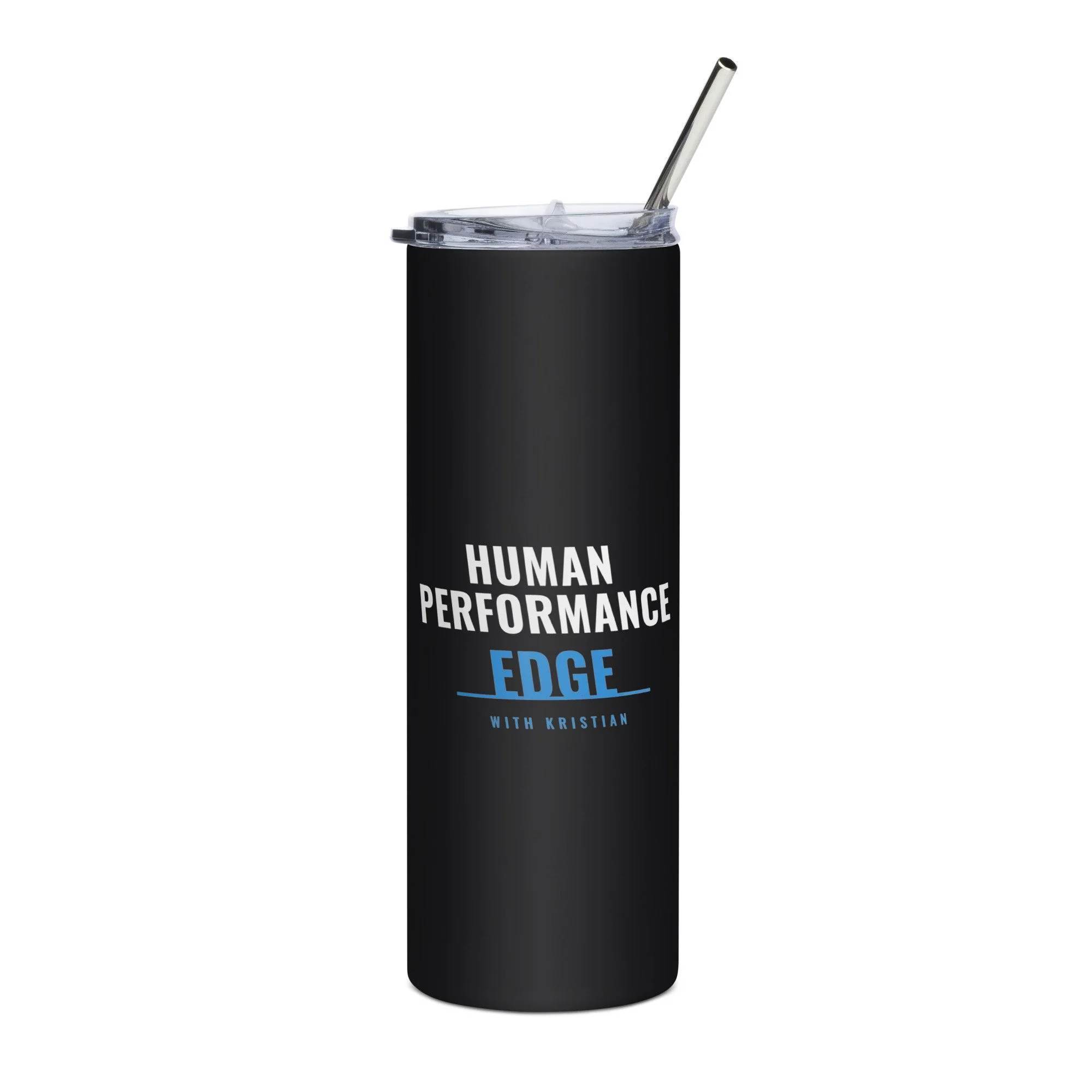 Black stainless steel tumbler with Human Performance Edge logo