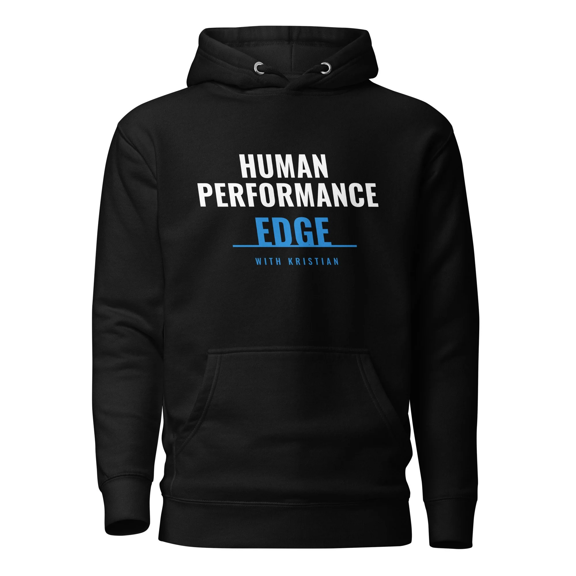 Black pullover hoodie with full Human Performance Edge badge print
