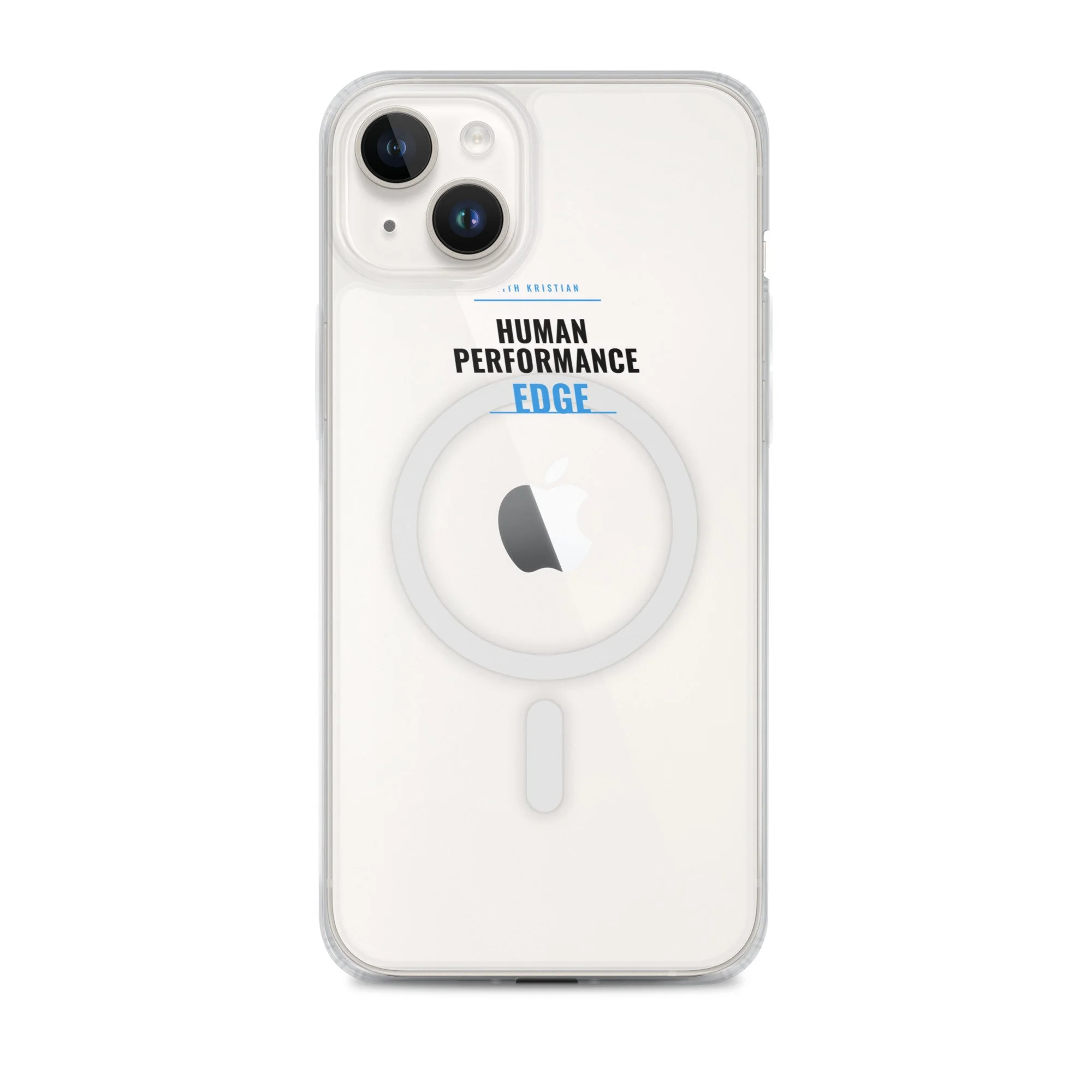 Clear MagSafe-compatible iPhone case with Human Performance Edge logo
