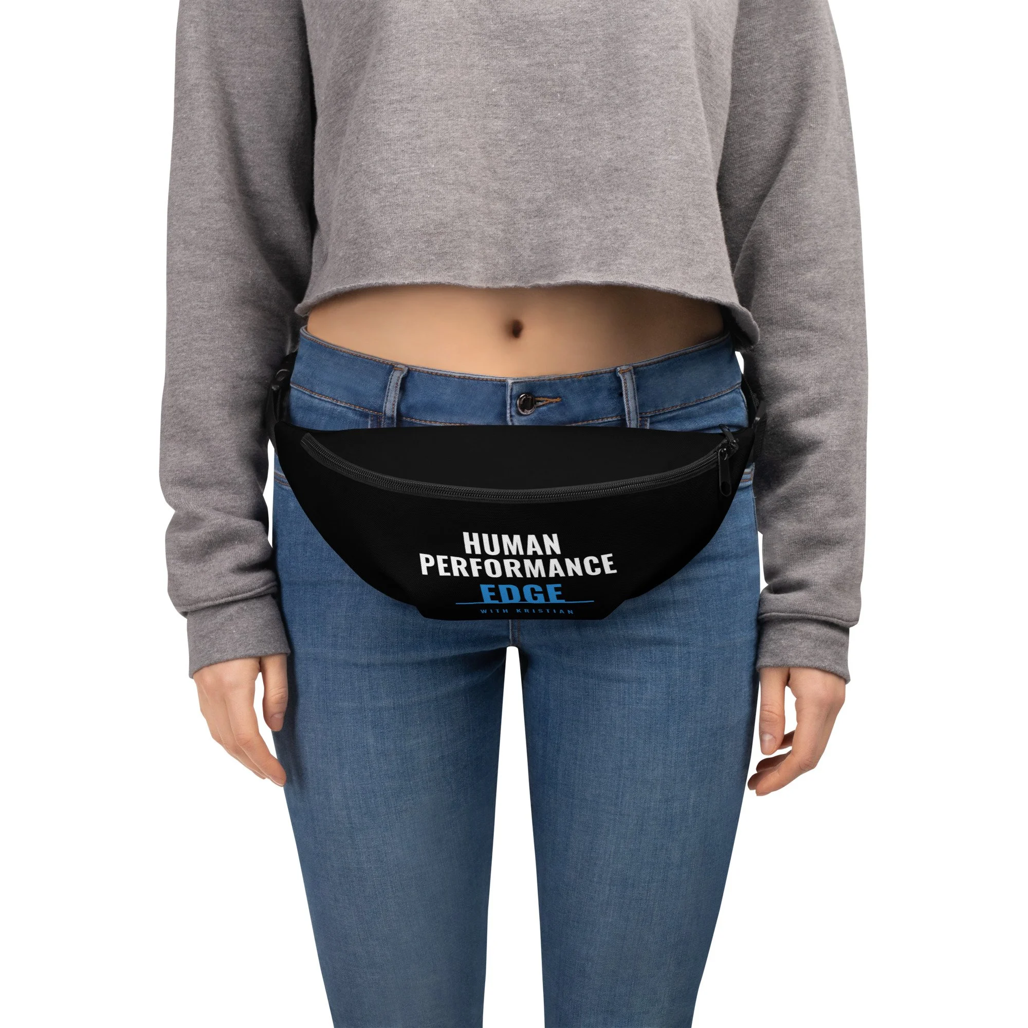 Person wearing black Human Performance Edge fanny pack