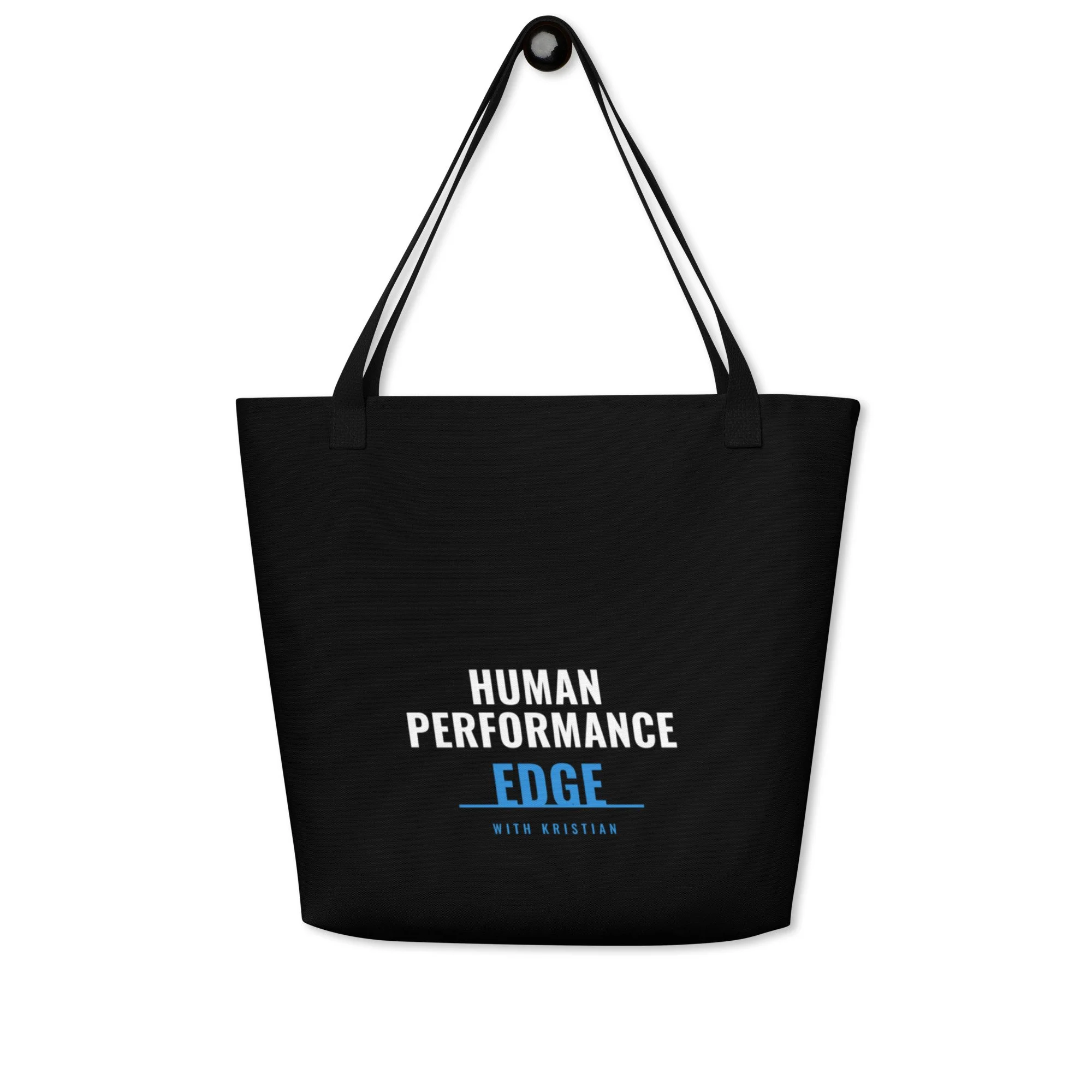 Black canvas tote bag with rope handles and Human Performance Edge logo