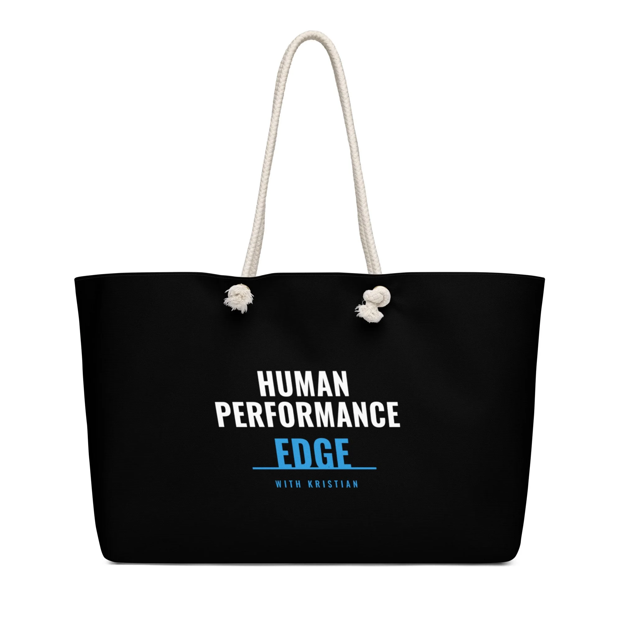Black weekender tote bag with rope handles and Human Performance Edge logo