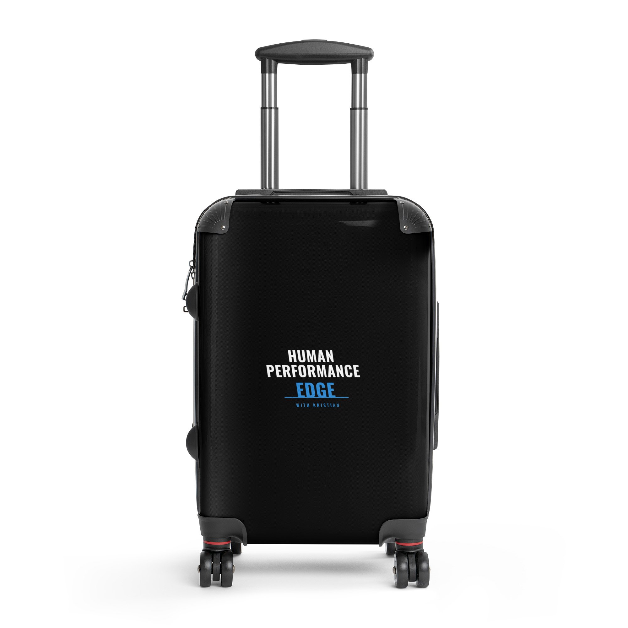 Black rolling travel suitcase with Human Performance Edge logo