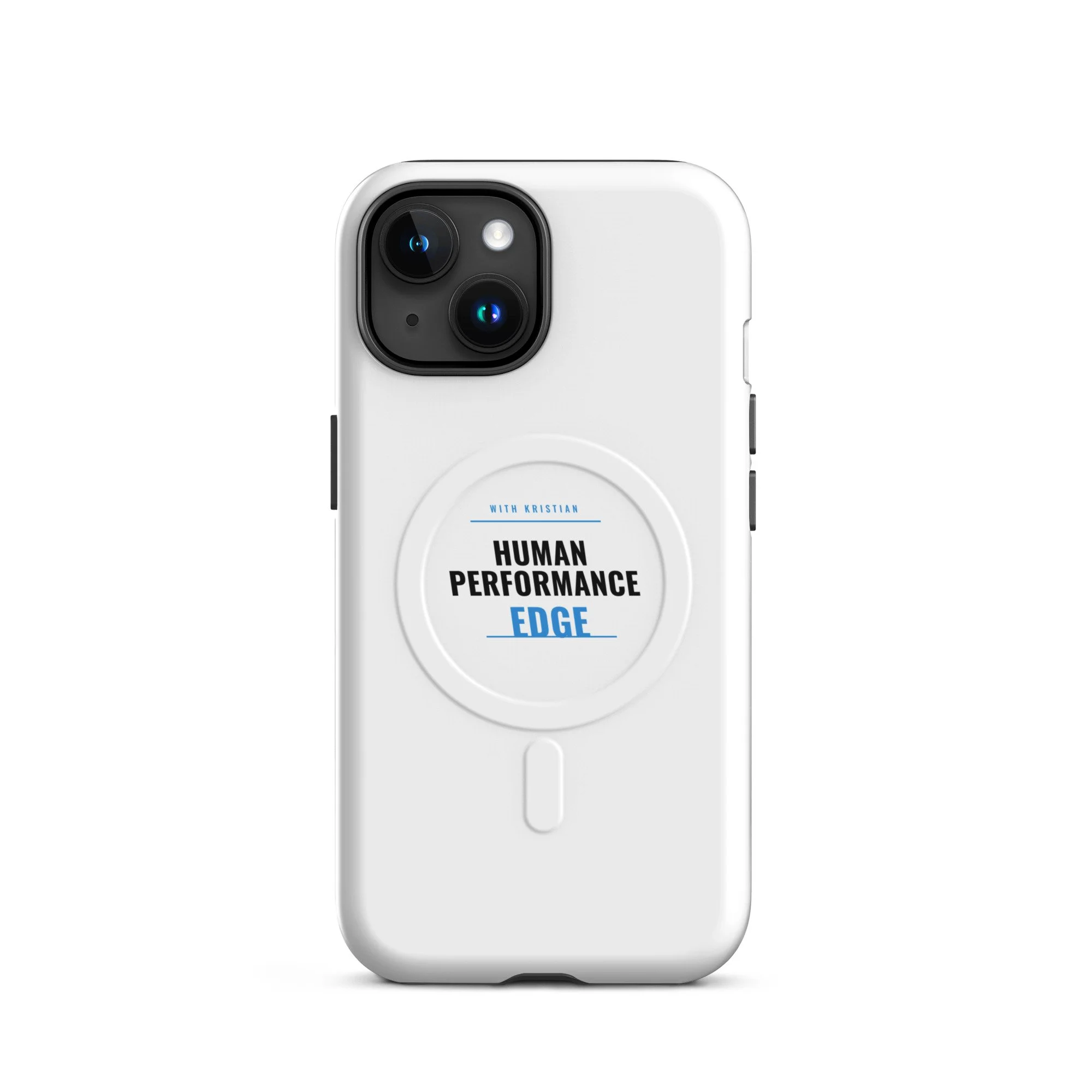White MagSafe-compatible iPhone case with printed Human Performance Edge badge logo