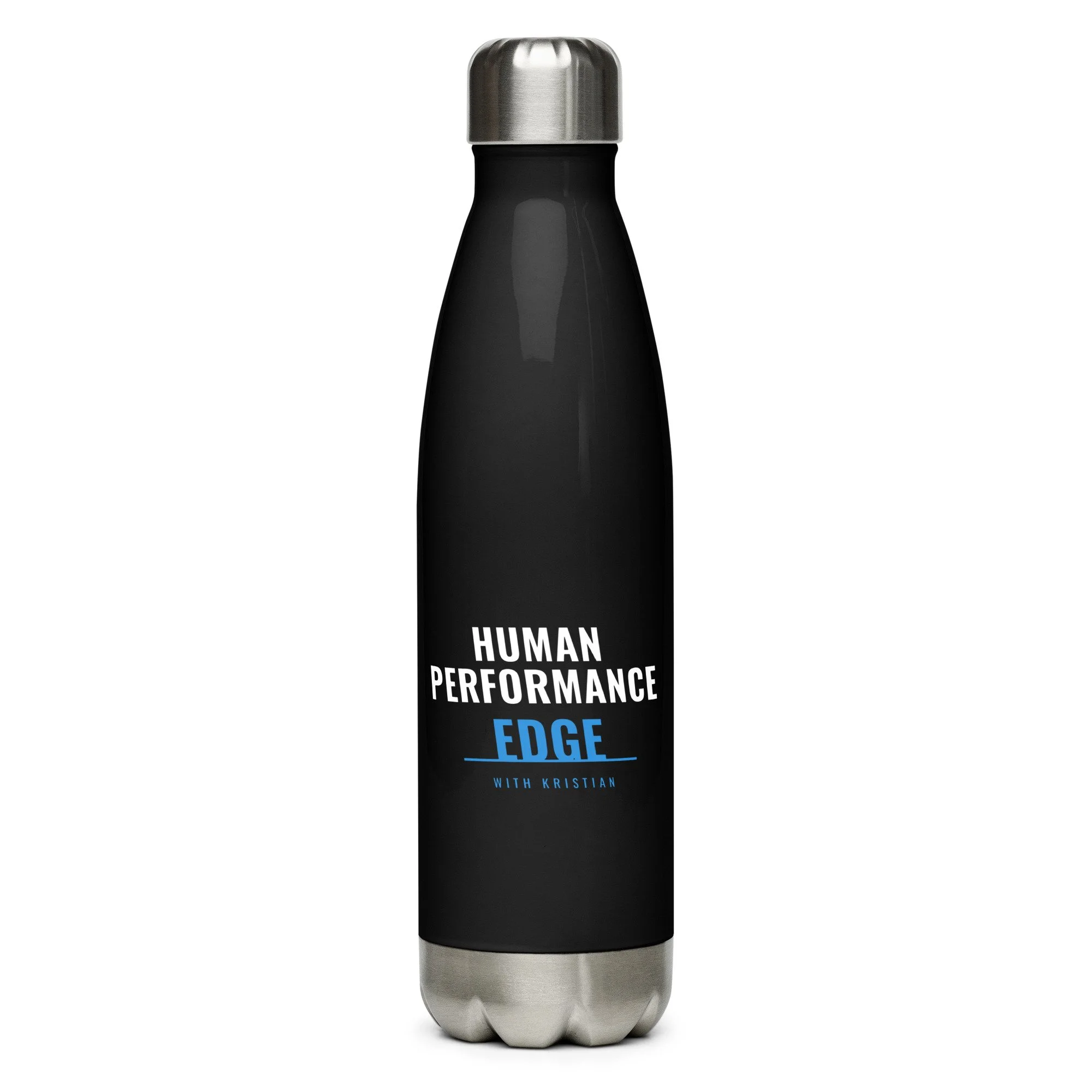 Black stainless steel water bottle with Human Performance Edge logo, Fuel the Method design