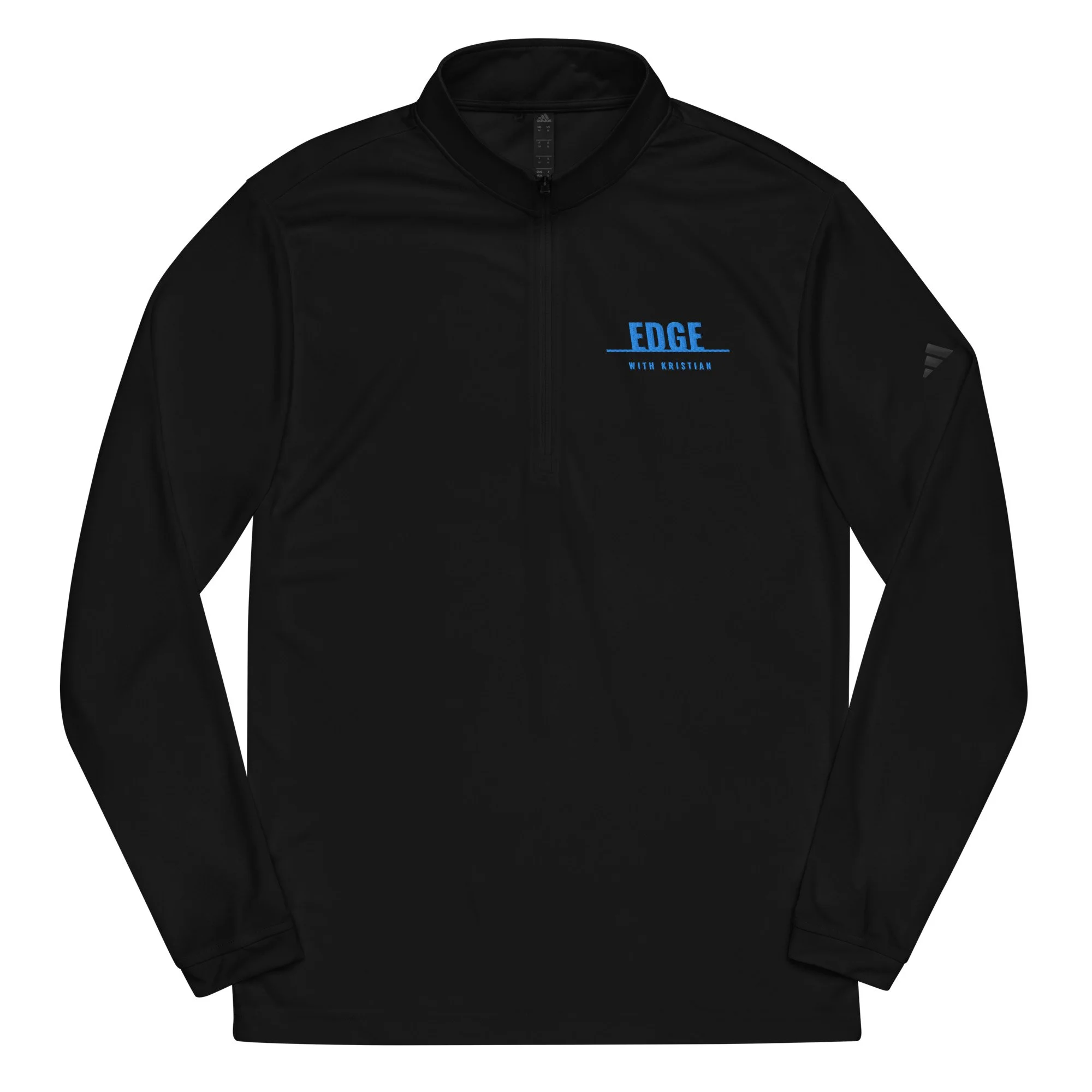 Black adidas quarter-zip pullover with embroidered Human Performance Edge mark on the left chest
