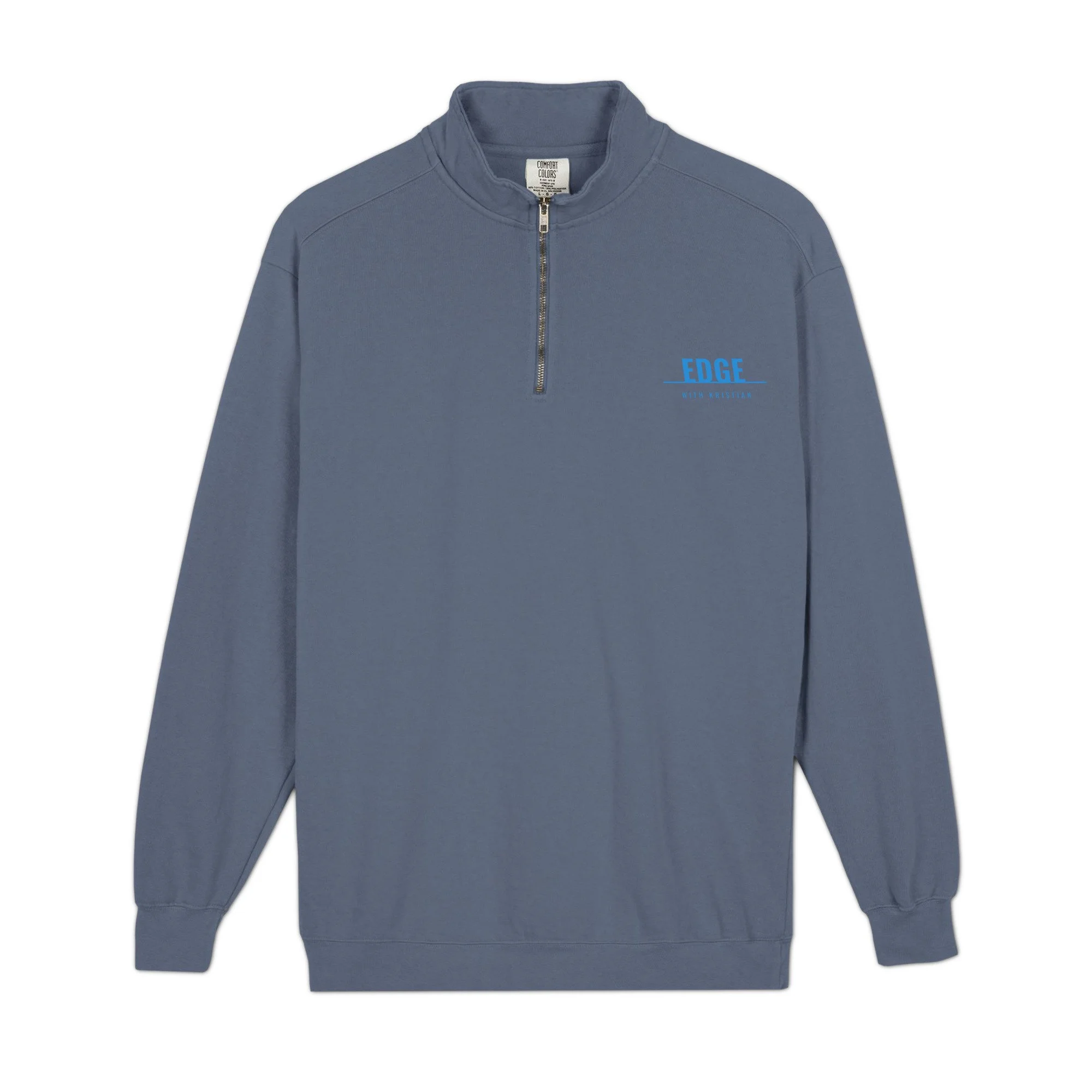 Slate blue garment-dyed quarter-zip pullover with Human Performance Edge branding
