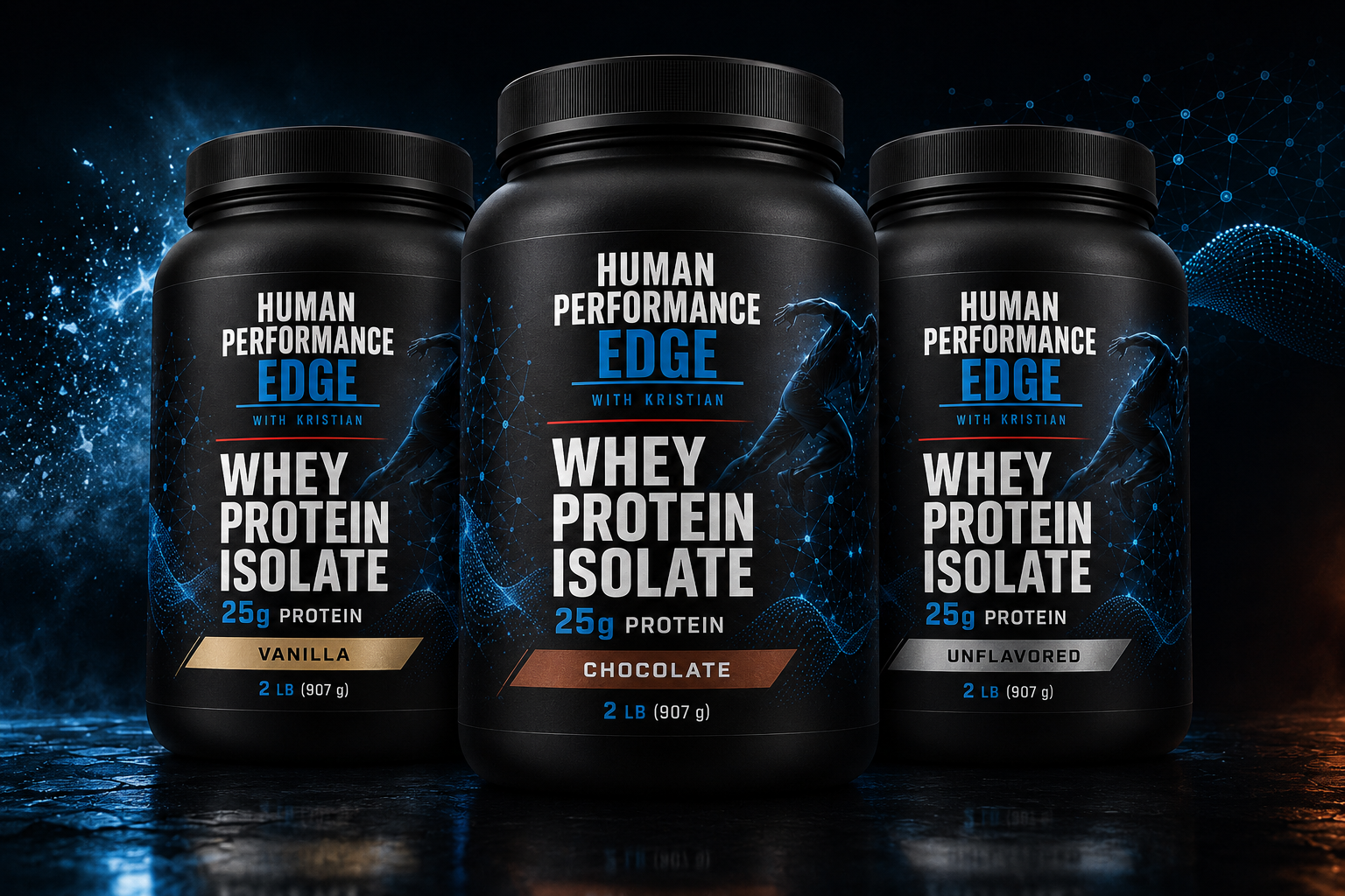 Three black containers of human performance edge whey protein isolate, with one labeled vanilla, one labeled chocolate, and one unlabeled, on a dark background with blue digital graphics.