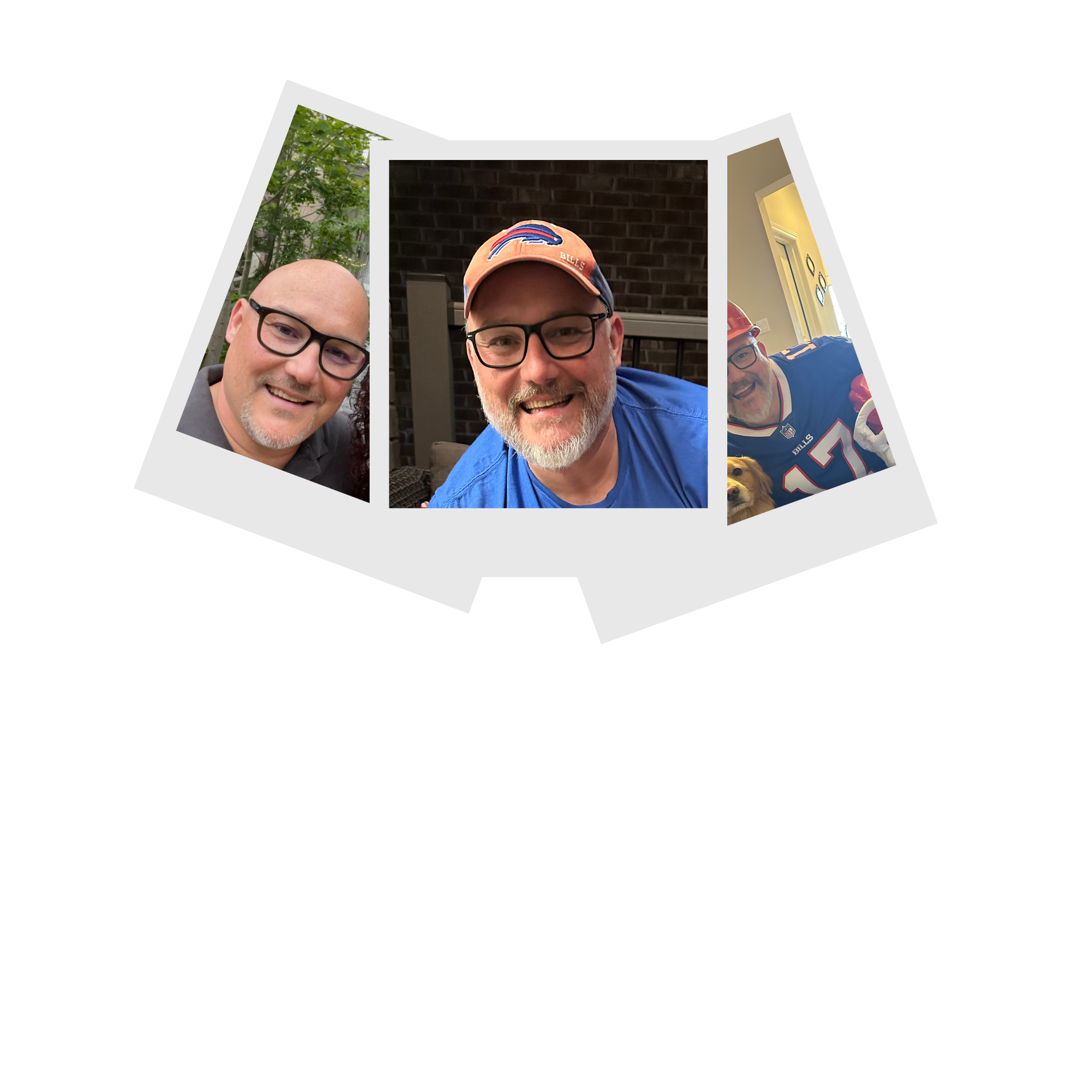Group of three men smiling, one wearing glasses and a Buffalo Bills baseball cap, another wearing glasses and a blue shirt, the third partially visible wearing a football jersey.