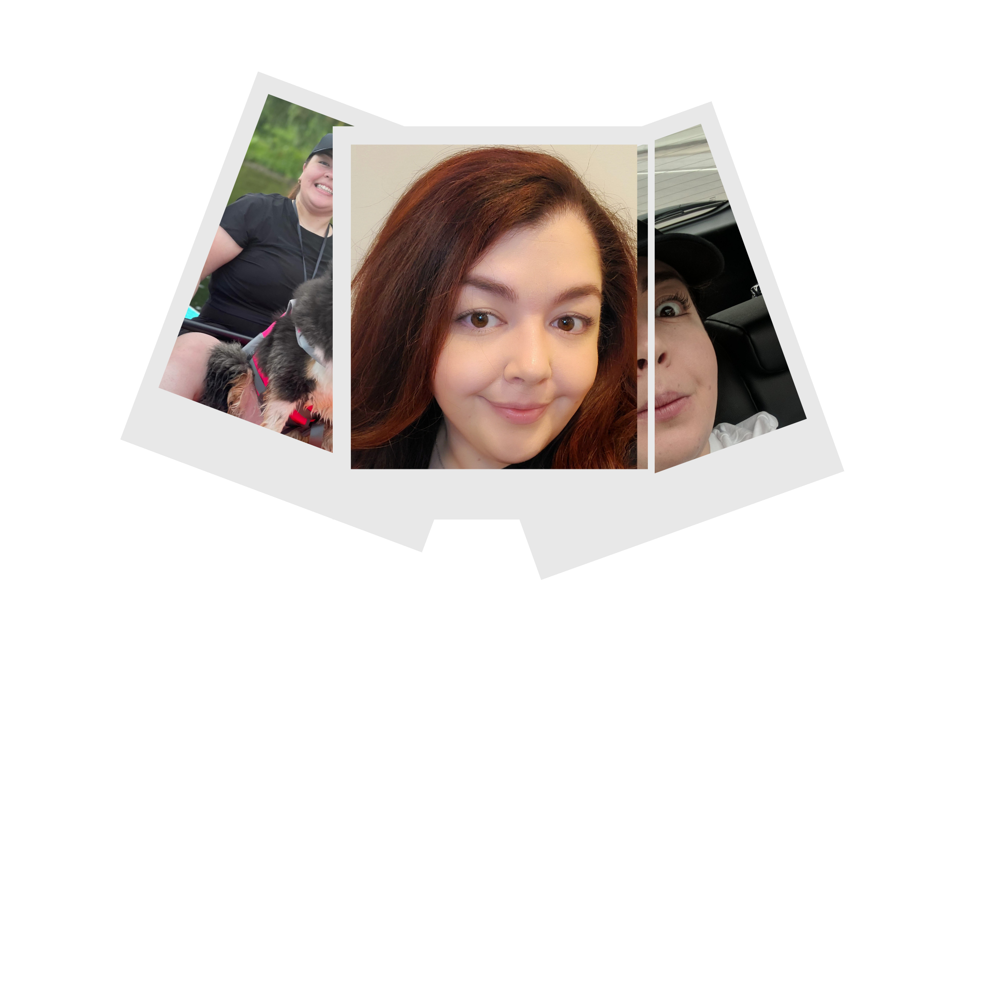 Multiple photos of women, one smiling with reddish-brown hair, another with black hair in a cap, and a third with a dog, arranged in a layered, spiral effect.