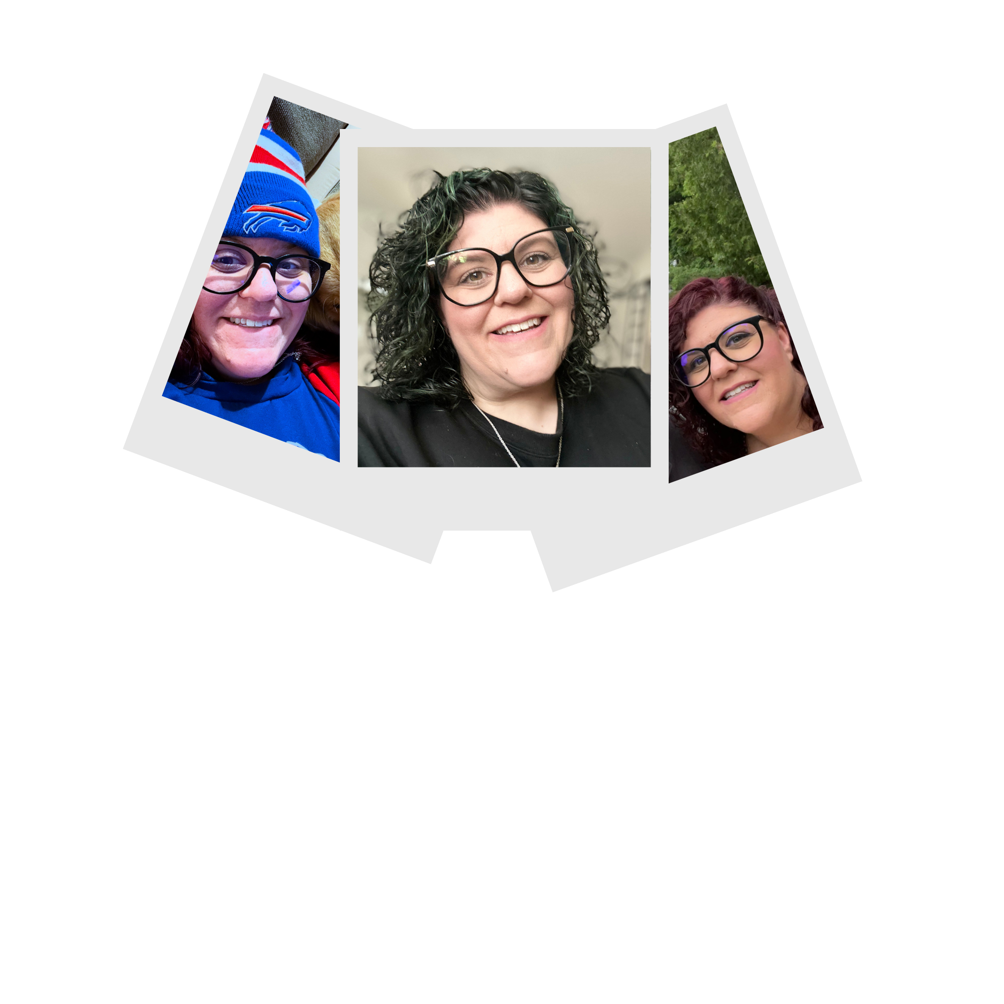 Collage of three women with glasses, smiling, with outdoor and indoor backgrounds.