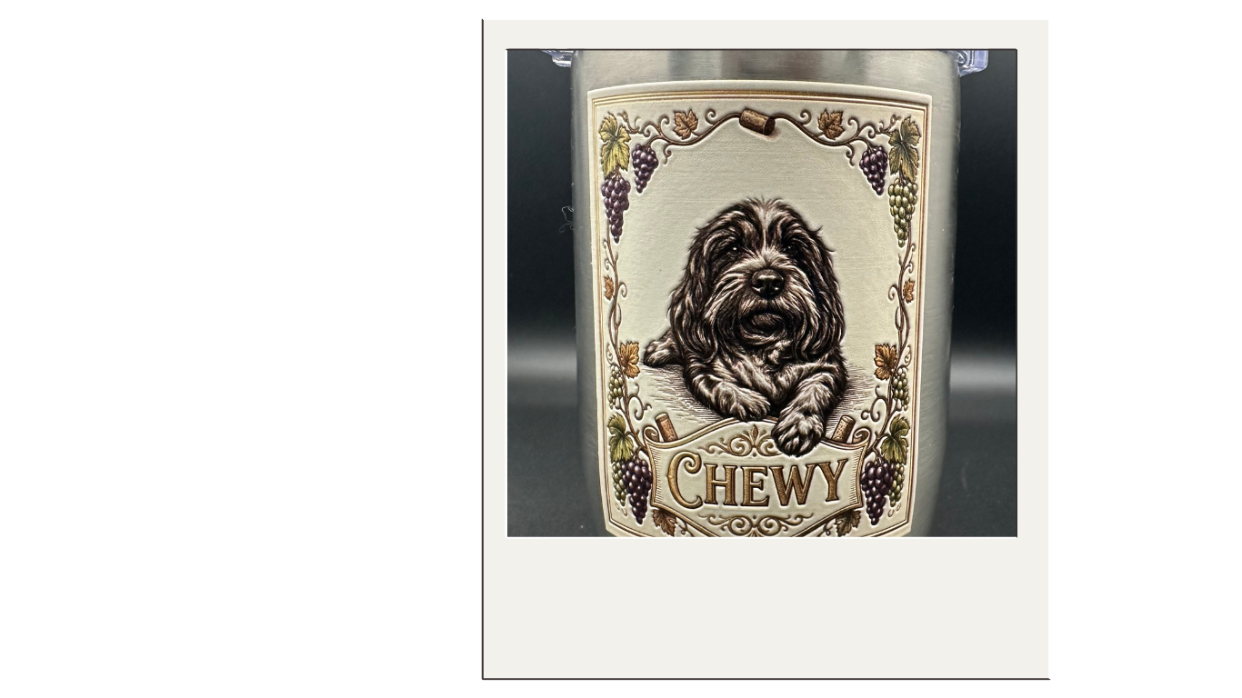 A decorative wine label featuring a brown and black dog with long fur lying down. The label is adorned with grapevine illustrations and the word "CHEWY" in large letters at the bottom.