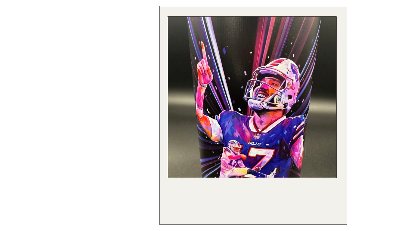 Colorful digital artwork of a football player in a blue jersey, wearing a helmet, celebrating with one arm raised in front of dynamic, streaked background.