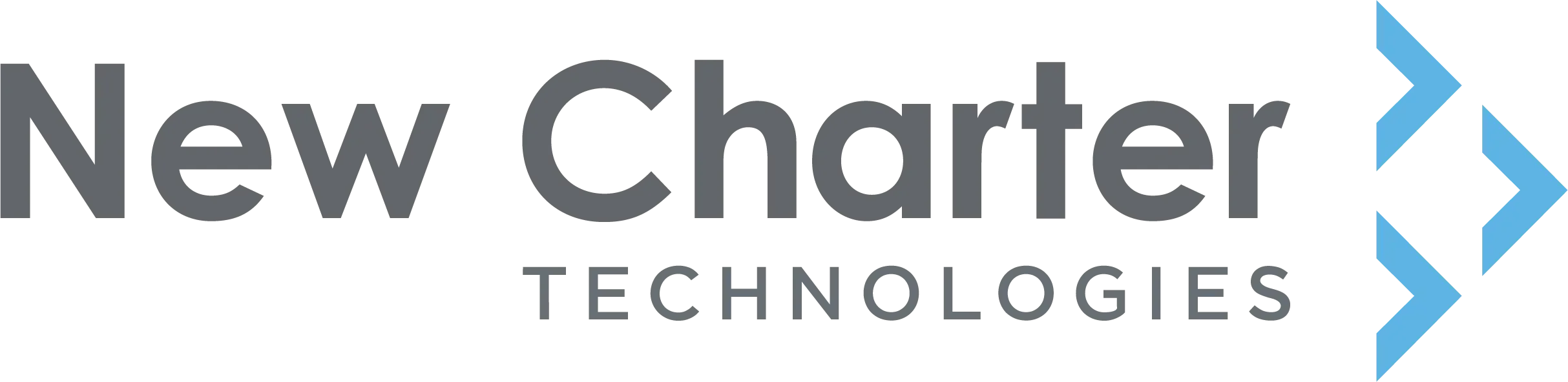 Pixelated logo of New Charter Technologies with blue arrow designs on the right.