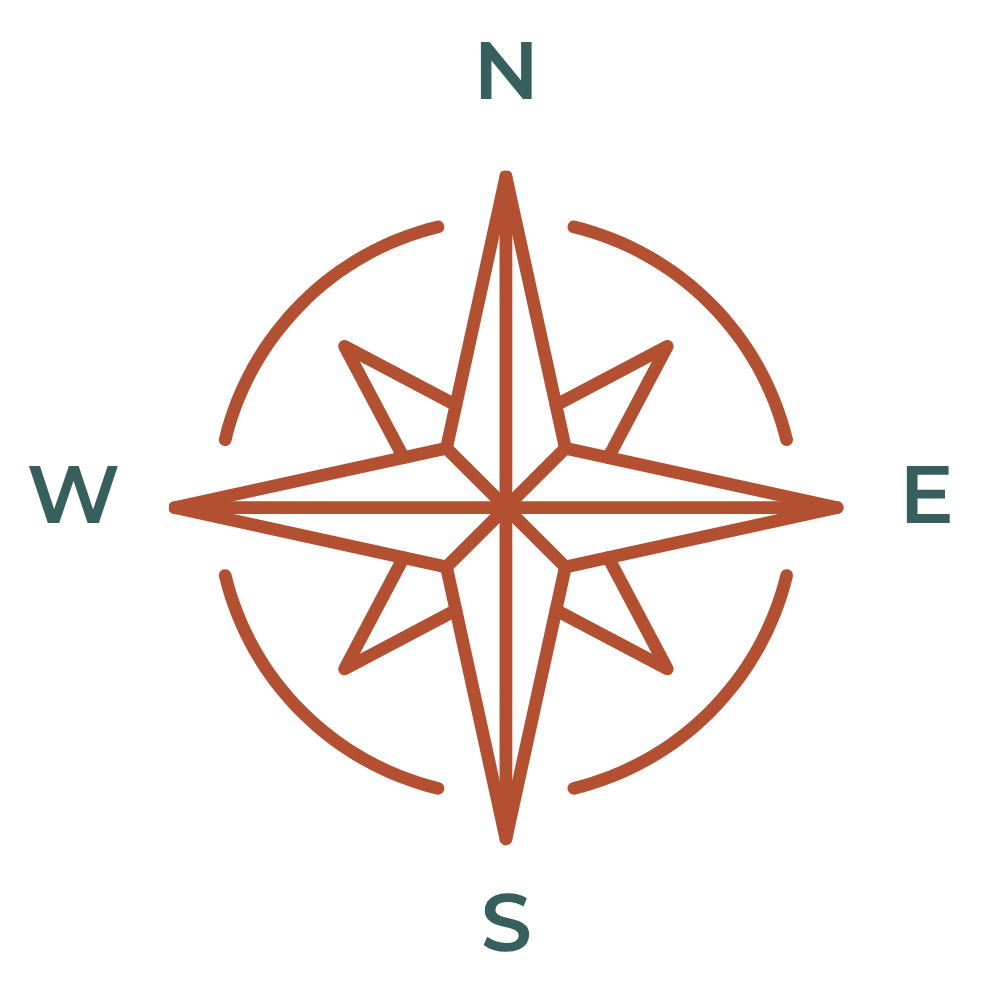 A compass rose with cardinal directions N, E, S, W marked around a stylized star pattern. The compass rose has a brown outline on a white background.