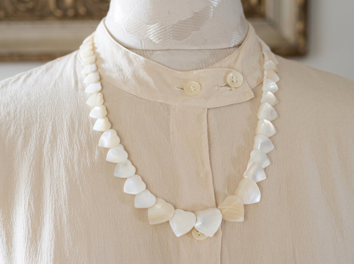 Vintage Mother of Pearl heart necklace with secure, iridescent shell beads.