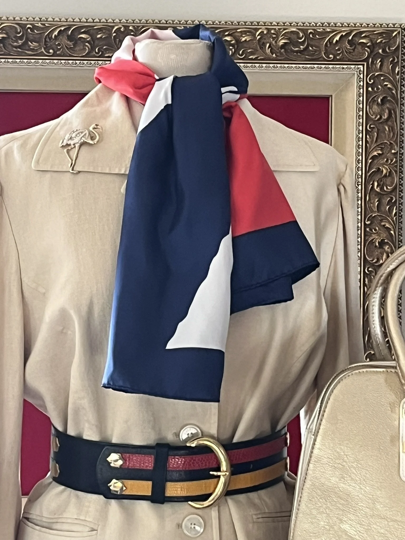 Vintage Silk Scarf – Red, Navy Blue & White Bold Geometric Wrap with Hand Rolled Edges