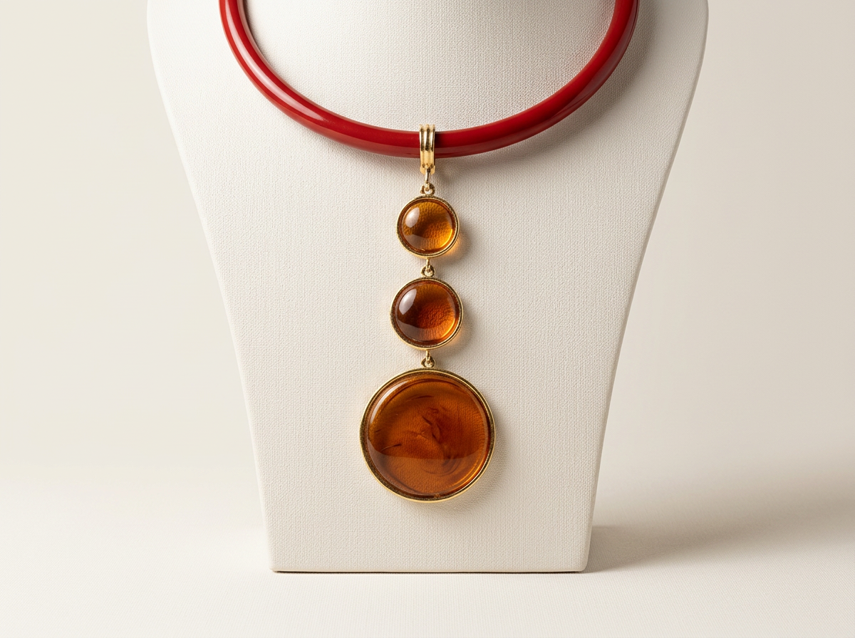 Amber Color Triple Drop Pendant on Cherry Bakelite Choker