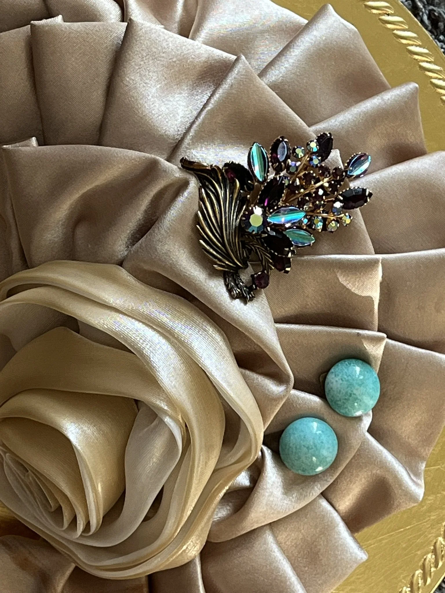 Aurora Plume Peacock Feather Brooch And The Riviera Turquoise Italian Glass Button Earrings
