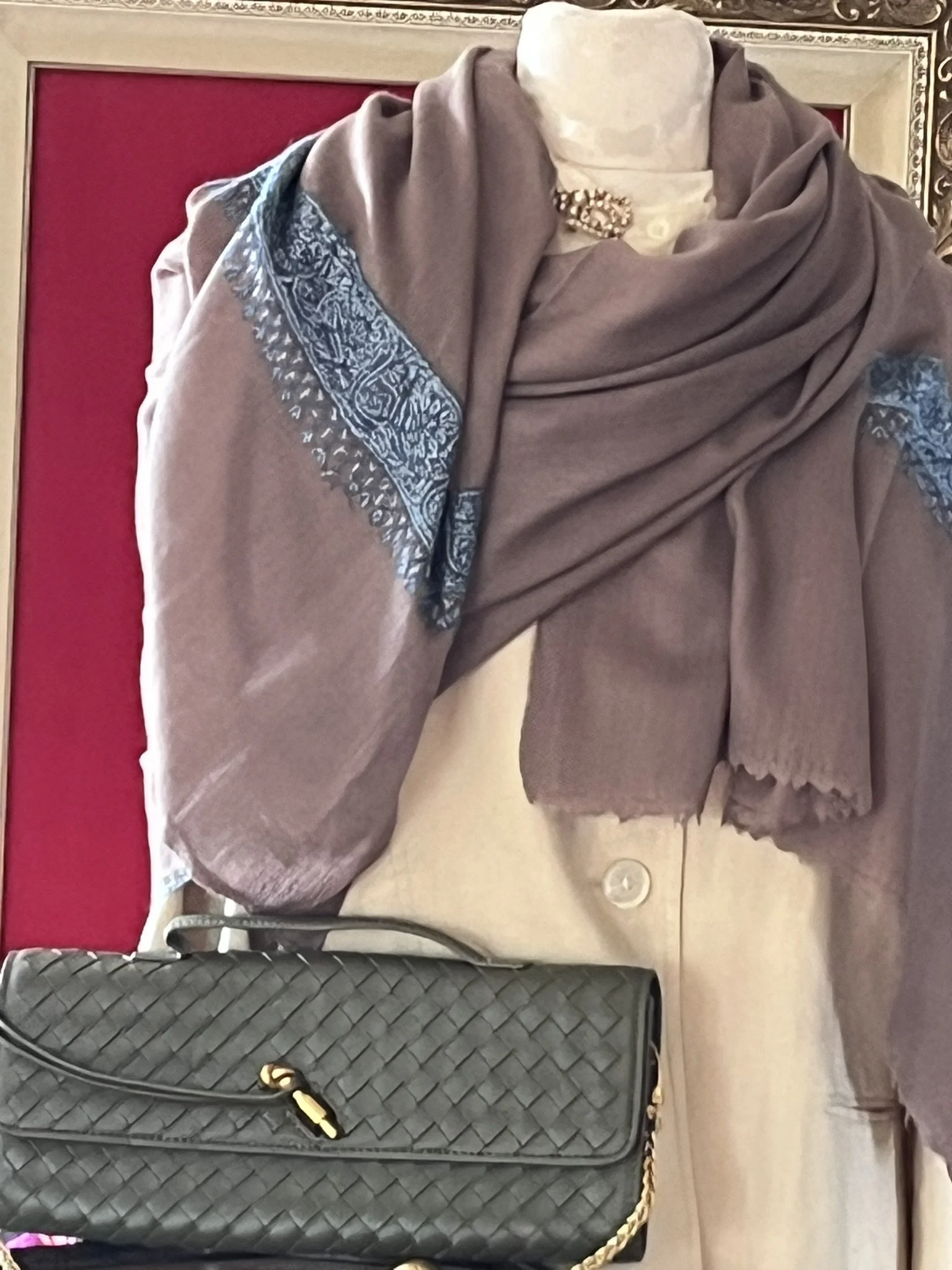 Vintage Pure Cashmere Pashmina Wrap Hand-Embroidered Sozni Border and Chashm-e-Bulbul  Diamond Weave