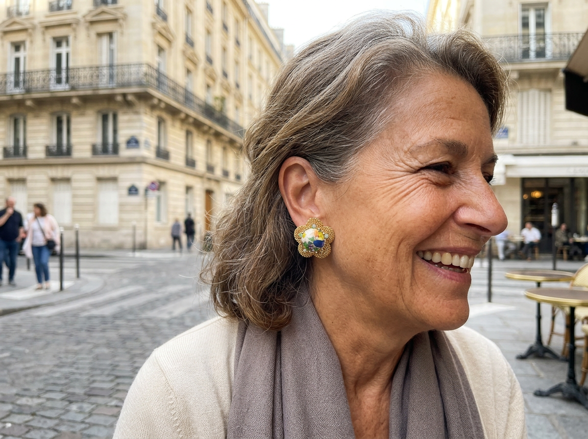 woman wears painted glass cabochon earrings with gold petals