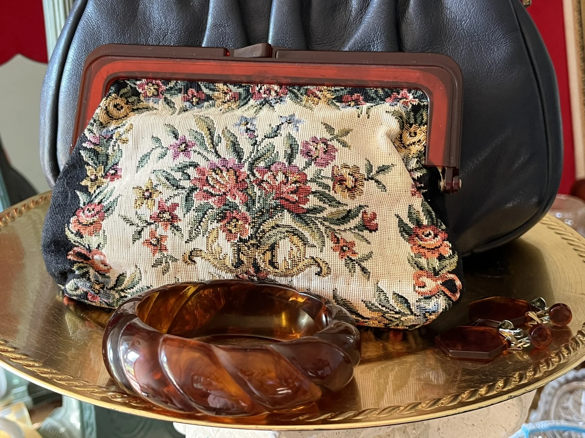 1940s Bakelite Handle Purse, Woven Tapestry Clutch, and Rootbeer Swirl Bakelite Bangle