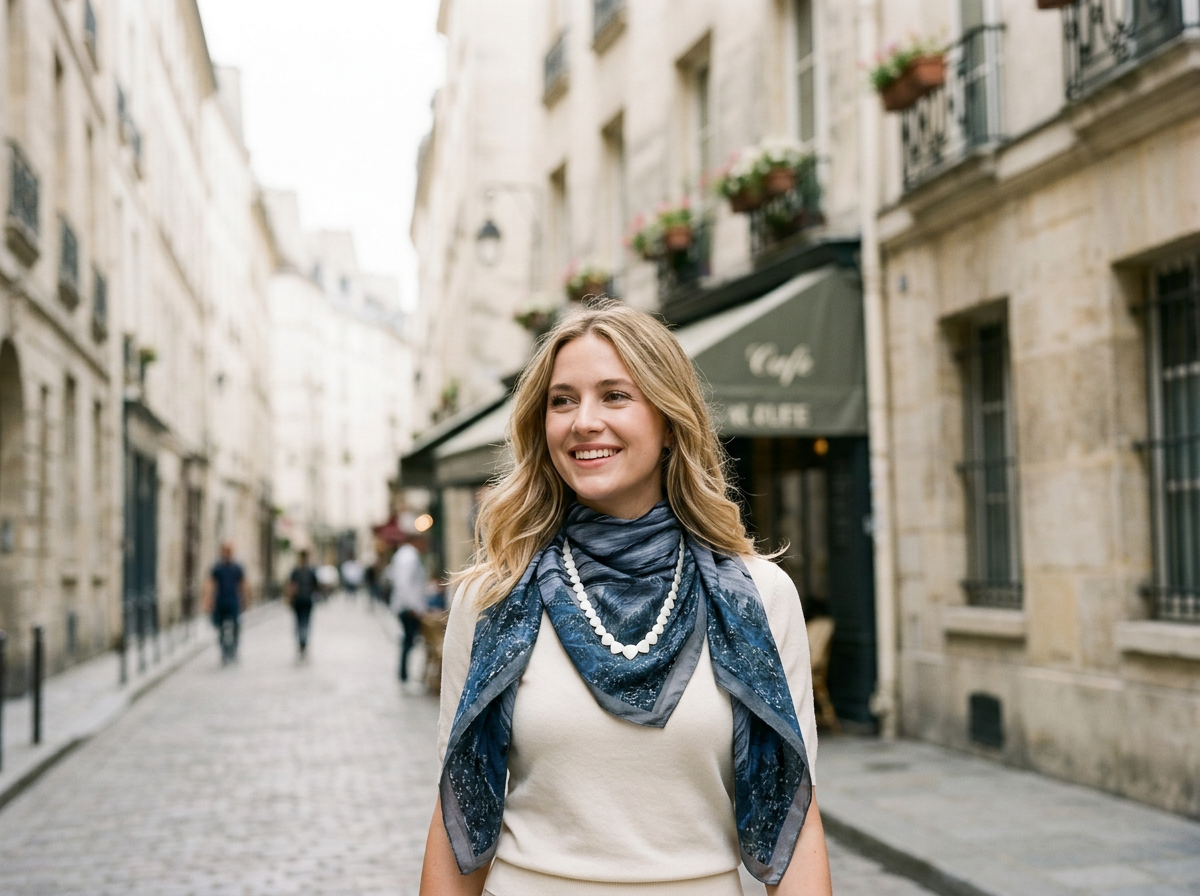 mother of pearl necklace on woman in the street