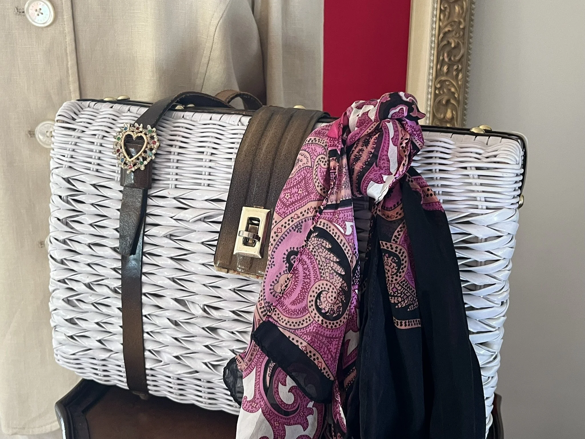 Pin applied to Retro Wicker Handbag with Scarf Tied to Handles