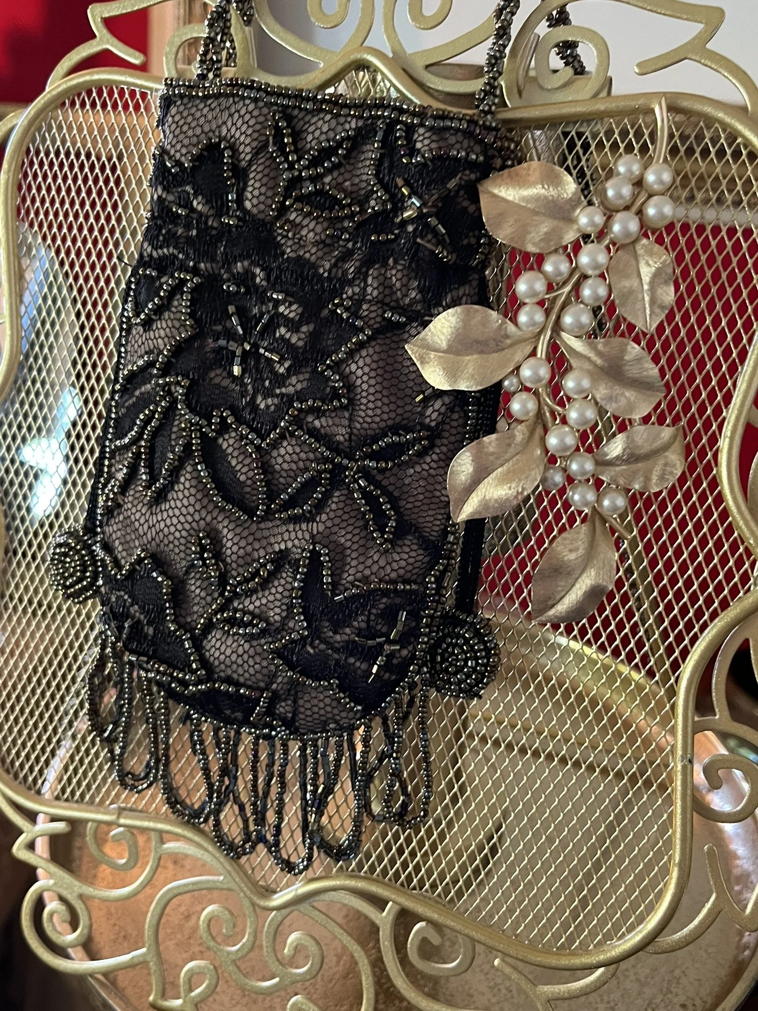 Black Lace and Micro Beaded Evening Reticule Pouch