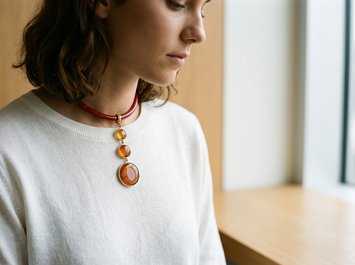 Triple Drop Amber Pendant on Cherry Choker Gold Tones
