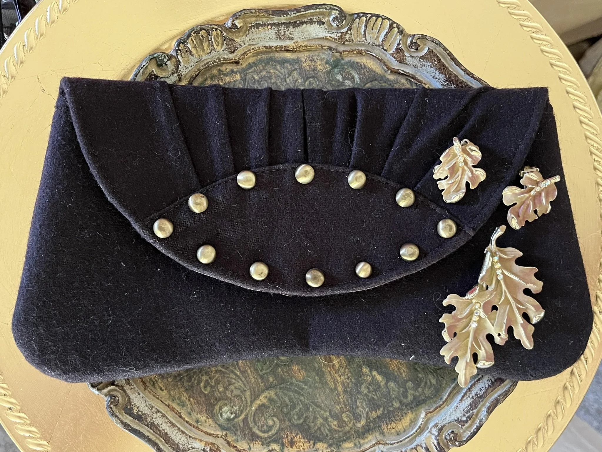 BSK Oakleaf Parure With AB Rhinestones with Brown Felt Clutch wit Brass Adornments